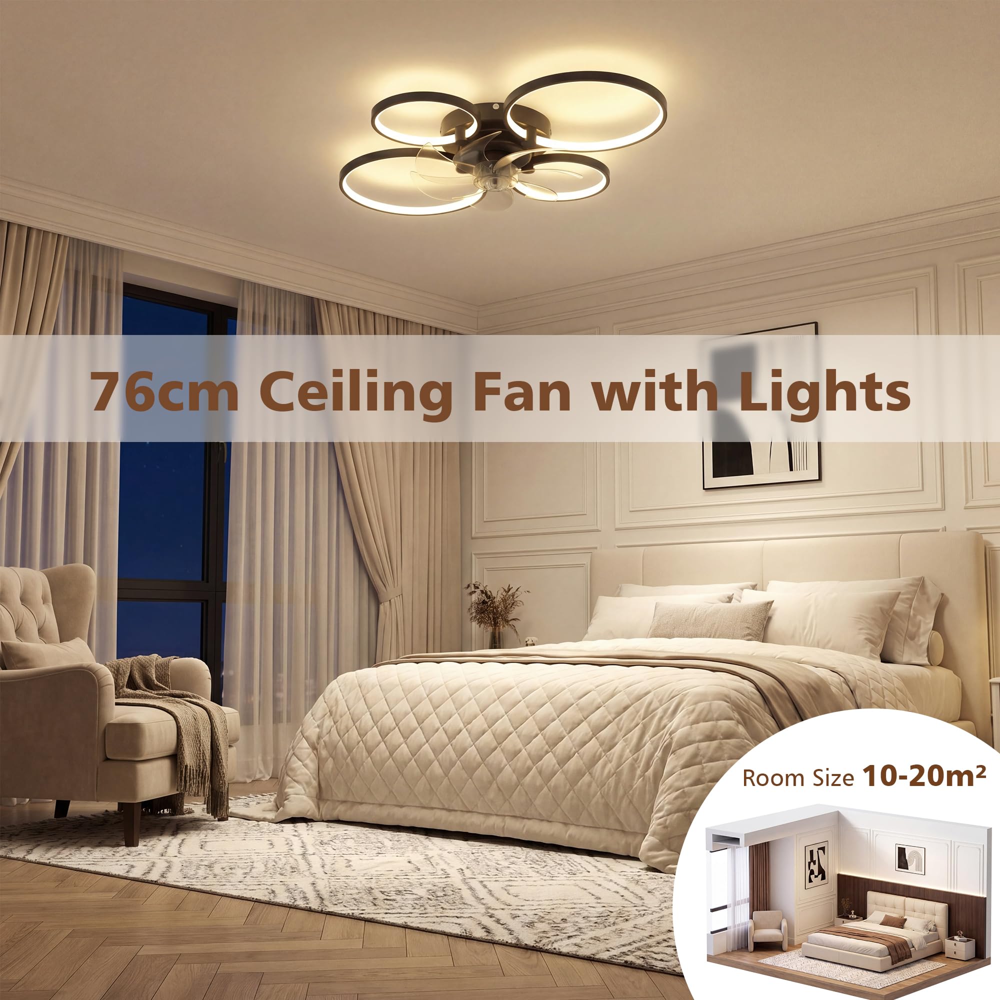 NIORSUN 78CM Deckenleuchte mit Ventilator, LED, dimmbar, Fernbedienung, App, 6-Gang, Timer, Schwarz