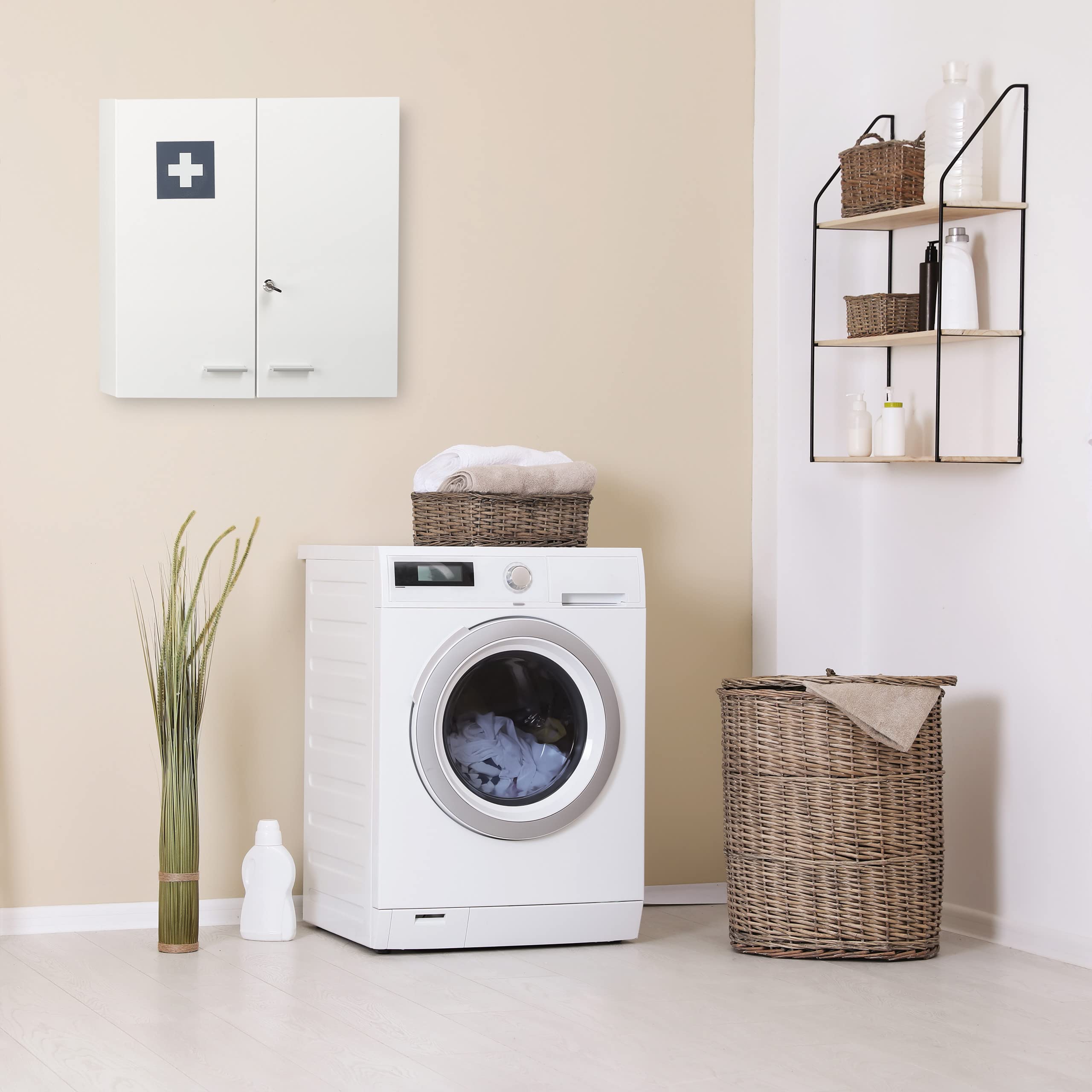 Relaxdays Armadietto Medicinali, 11 Scomparti,per Medicine, in Acciaio, HLP: 53x53x21,5 cm, 2 Ante con Serratura, Bianco