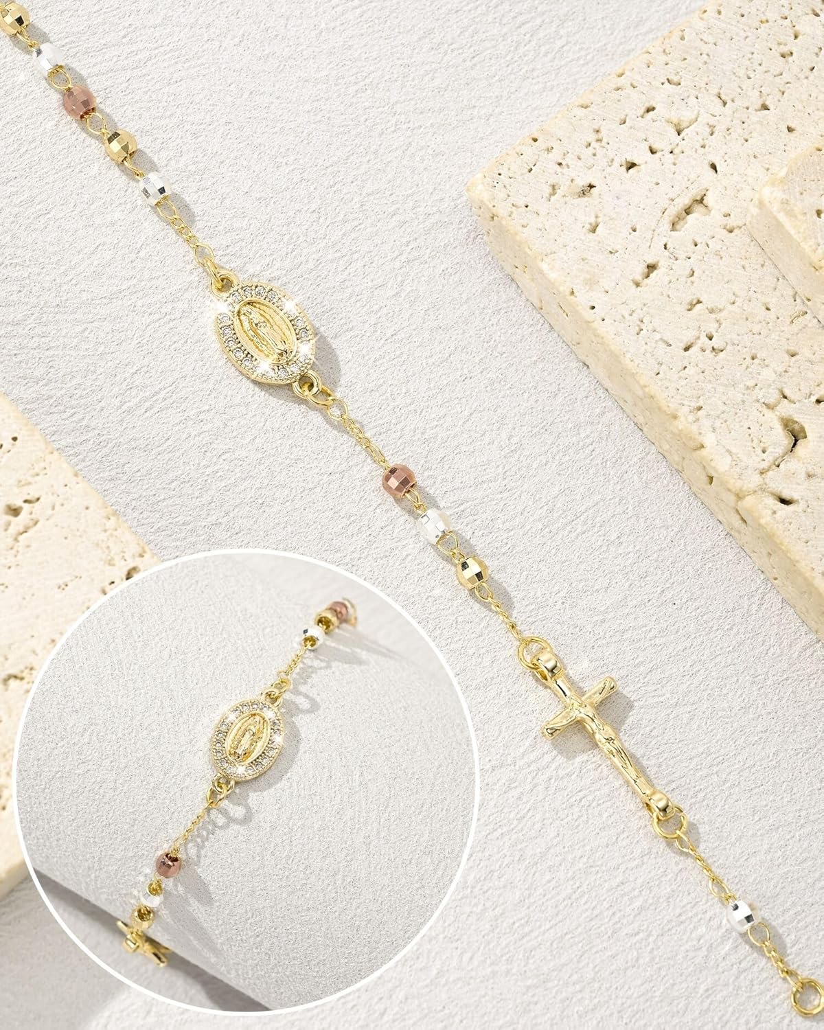 J&H DiaJuvelo Catholic Rosary Bracelet for Women 14K Gold Virgin Mary Rosarios Jesus Cross Charm Link Chain Virgen de Guadalupe Religious Jewelry Gifts for Confirmation Baptism First Communion - Image 5