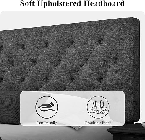 Miniatura 4 de HOMBCK Marco de cama tamaño Queen con cabecero, marco de cama tapizado de tela de lino con listones de madera, botones acolchonados, no necesita