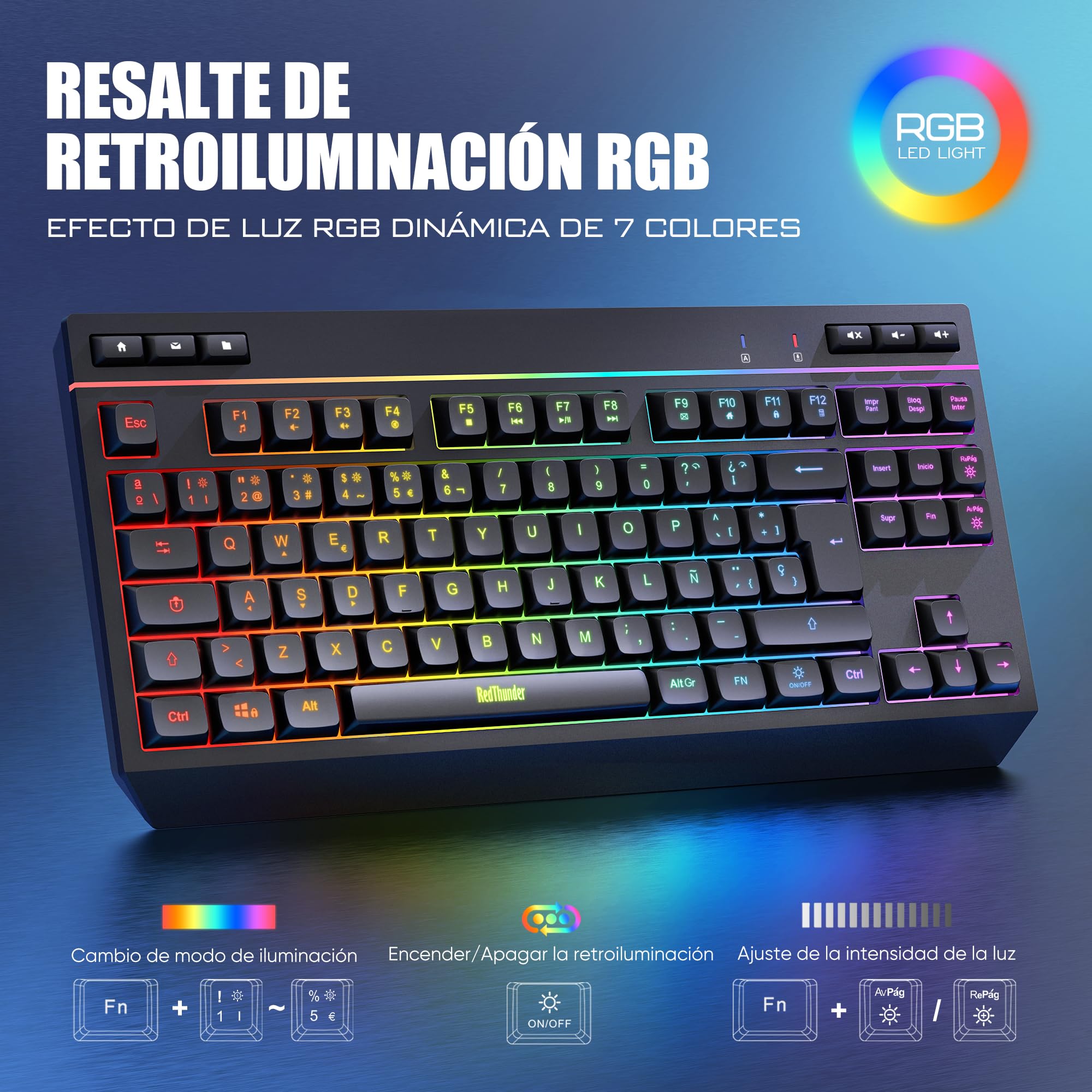 RedThunder K20 TKL Teclado Gaming Inalámbrico, Retroiluminación RGB Ajustable y Batería Recargable, Diseño Compacto con Disposición QWERTY ES y 6 Teclas Multimedia, Teclado USB para PC/Mac (Negro)