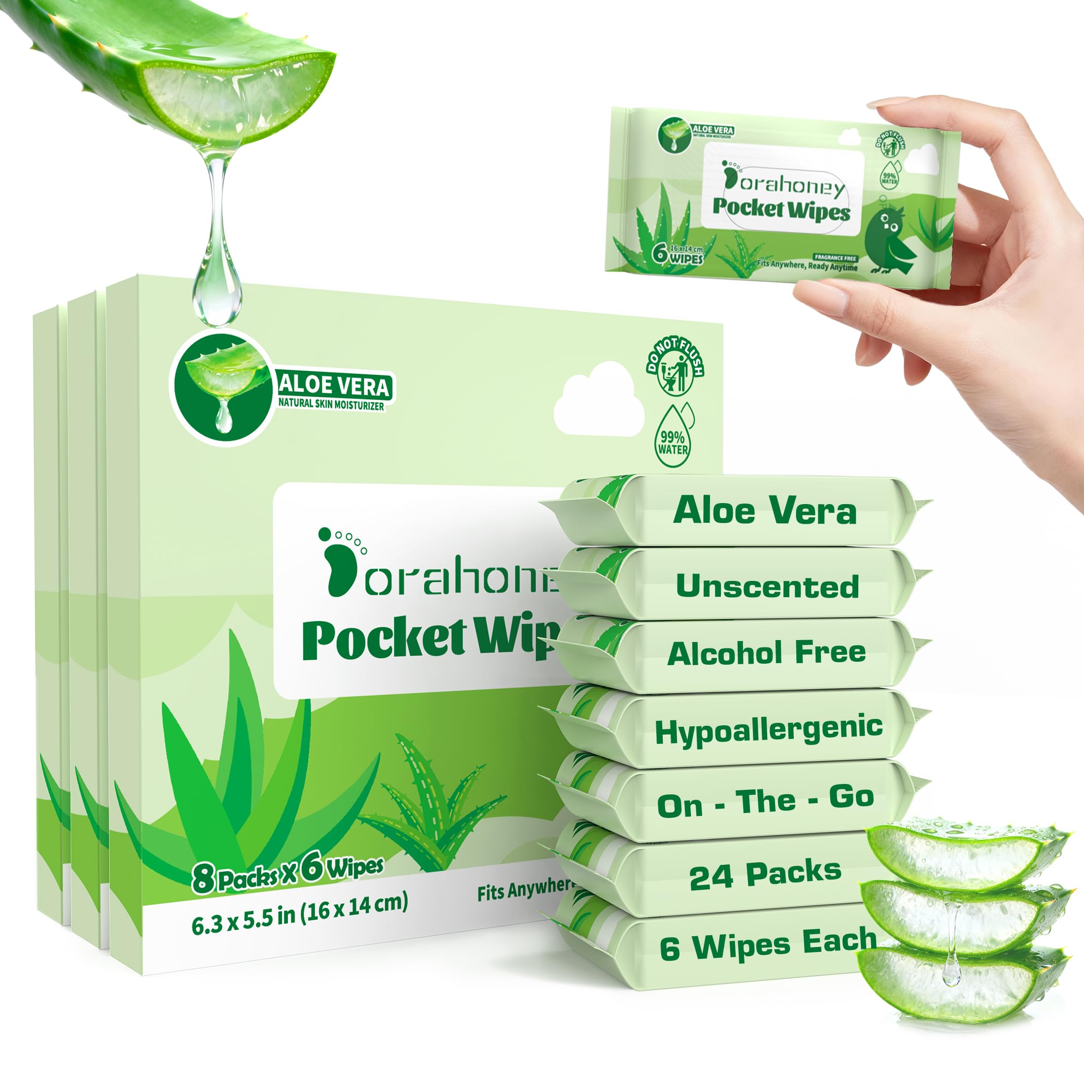Dorahoney Feuchttücher Reisegröße mit Aloe Vera – Mini, 99% Wasser, unparfümiert, sanft zur empfindlichen Haut, kleines feuchtes Toilettenpapier für unterwegs, Taschenformat, 144 Stück (24 Packungen)
