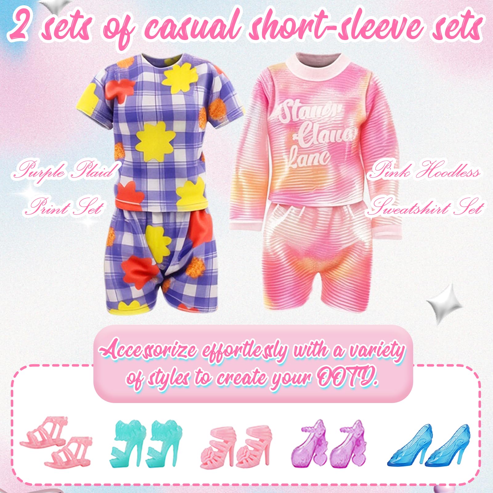 18 vestiti per bambola da 29,2 cm, compatibili con Barbie 1 vestito floreale, 1 gonna a sirena con paillettes, 1 gonna a sirena monospalla, 4 set di abiti top e pantaloni, 2 borse, 5 scarpe, regali
