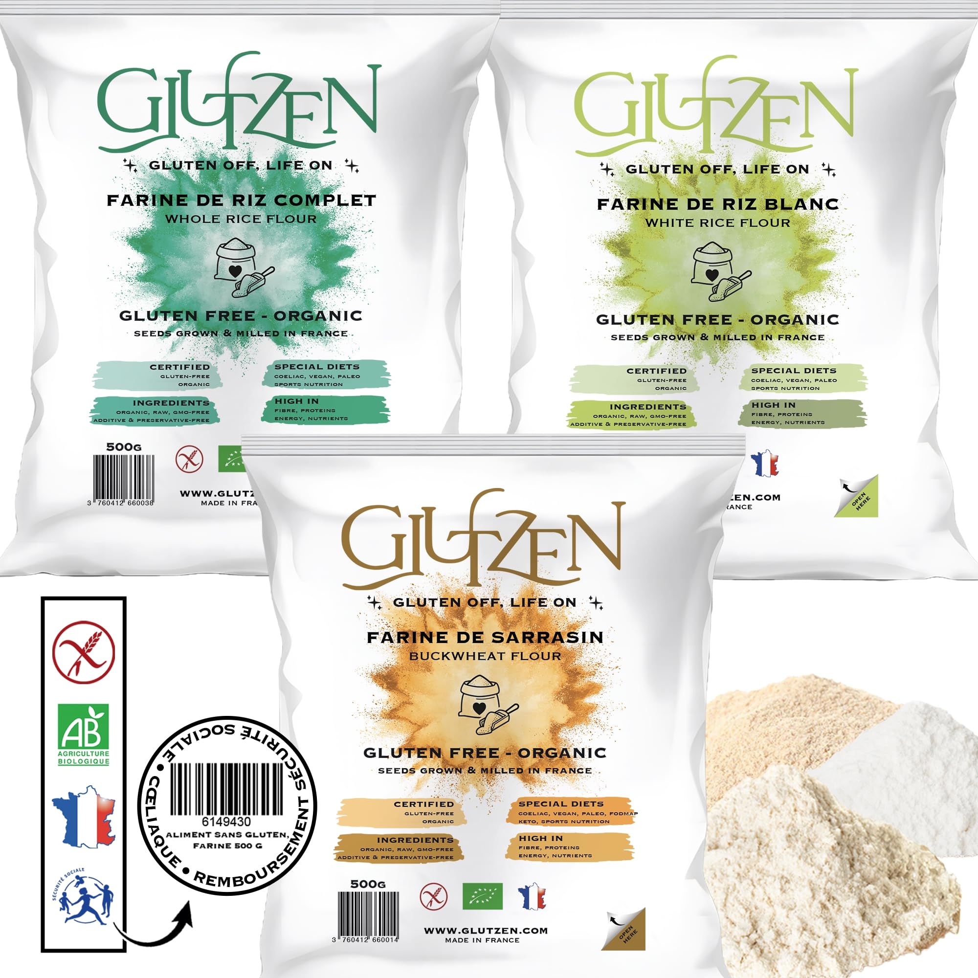 TRIO de farines sans gluten Bio GLUTZEN. 1x farine de sarrasin, 1x farine de riz complet, 1x farine de riz blanc. Cœliaque, Vegan, Keto, Paléo, Sans Allergènes, Protéiné, Sportif.