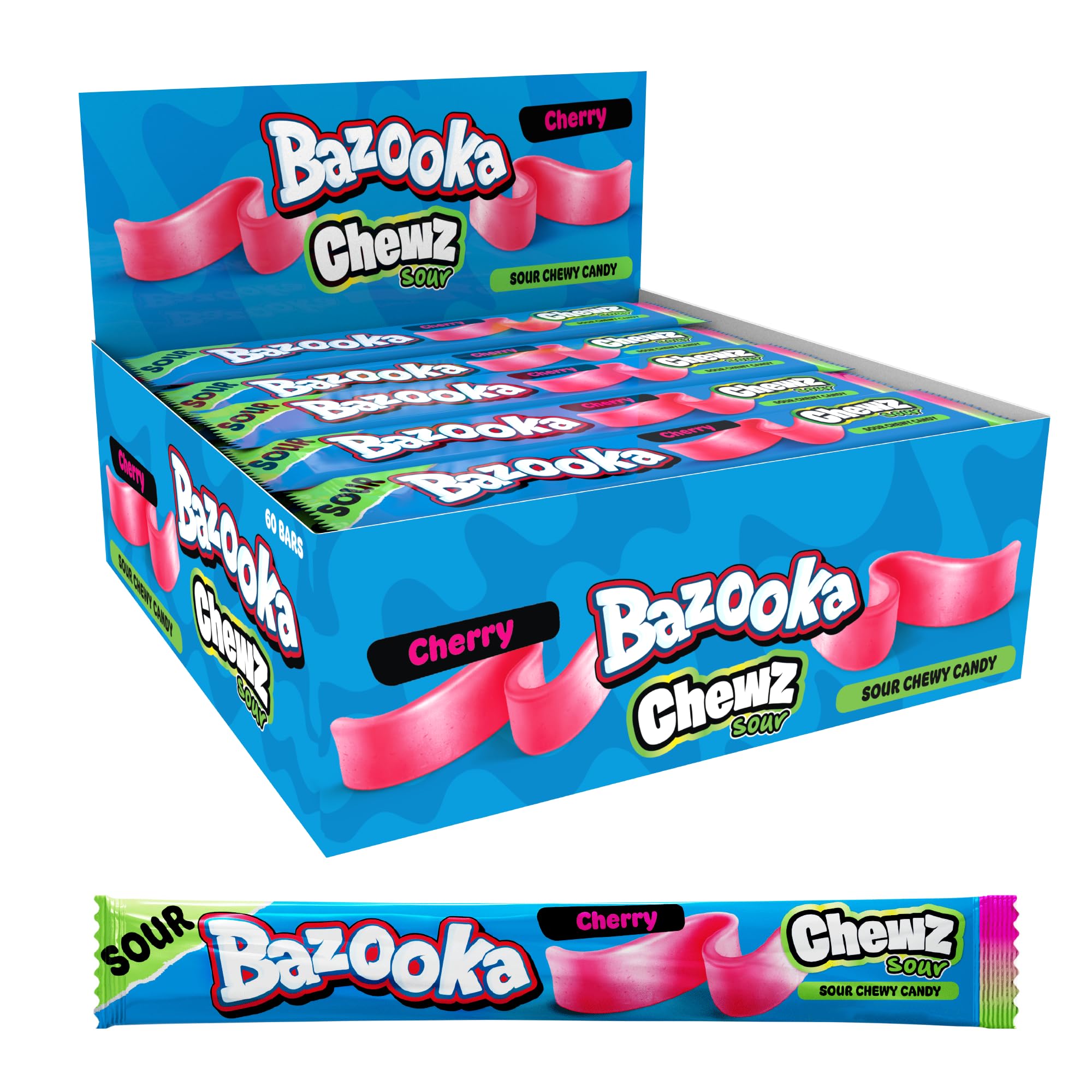 Bazooka Chewz Bar (Pack of 60) Sour Cherry Chewy Sweets, Perfect for Party Bags, 14g per Bar - Halal Sour Candy