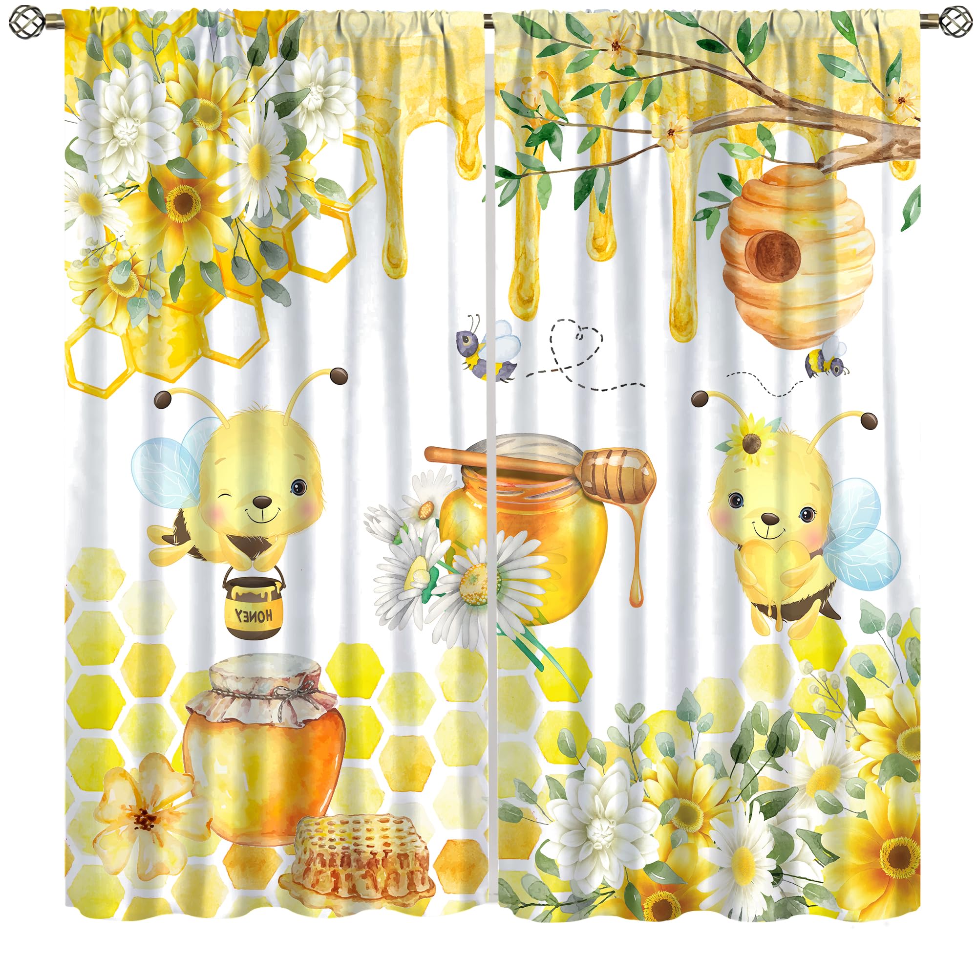 DKMQQUL Bee Curtains, Watercolor Sunflower Honeycomb Spring Lovely Honeybee Yellow Floral Farmhouse Window Treatment for Kitchen Bedroom Living Room Drapes, 42x45 Inch