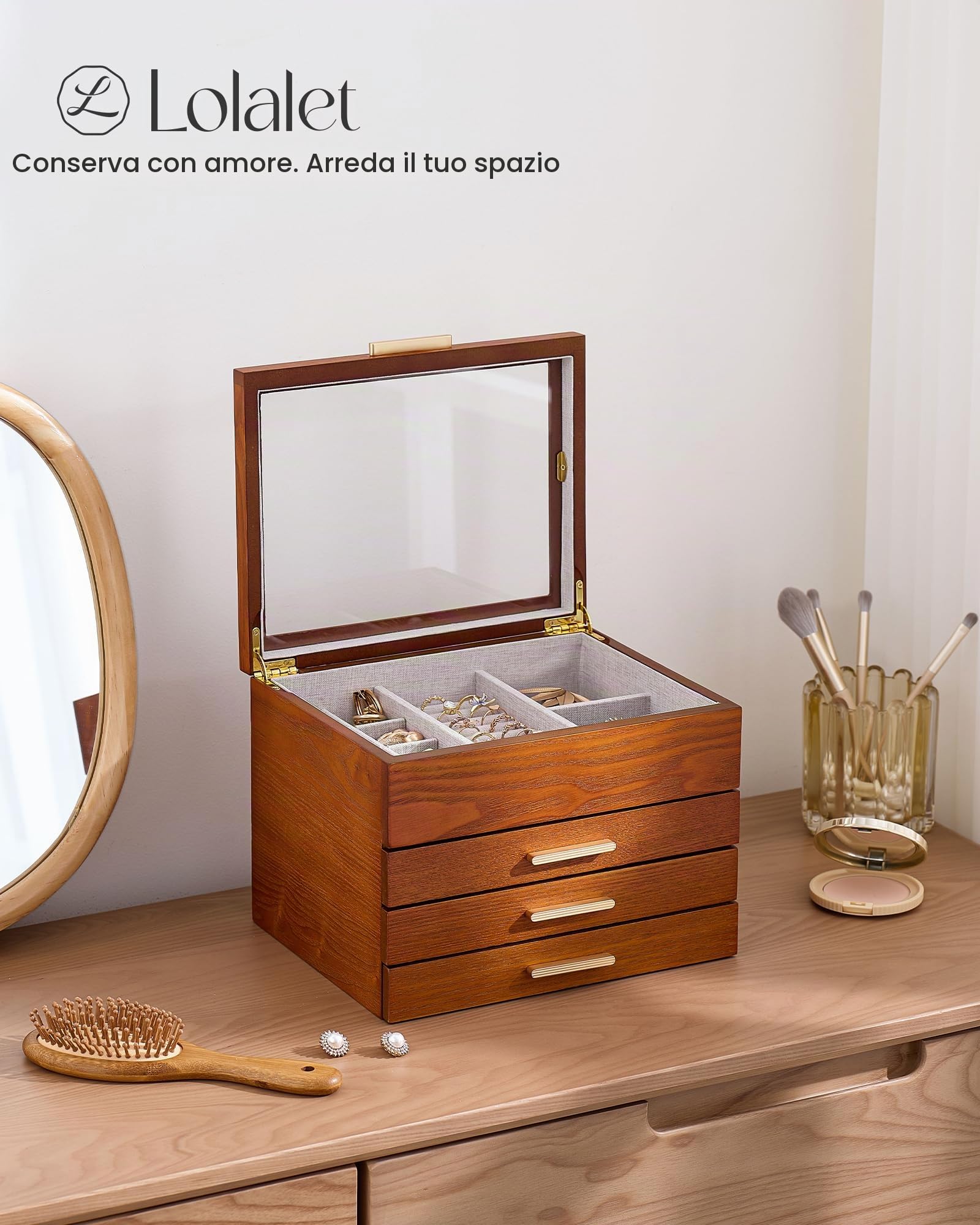 Lolalet Portagioie Donna Grande in Legno a 4 Livelli con Finestra Trasparente - Scatola di Gioielli con Rivestimento in Lino per Collane, Braccialetti, Anelli e Orecchini - Ciliegia