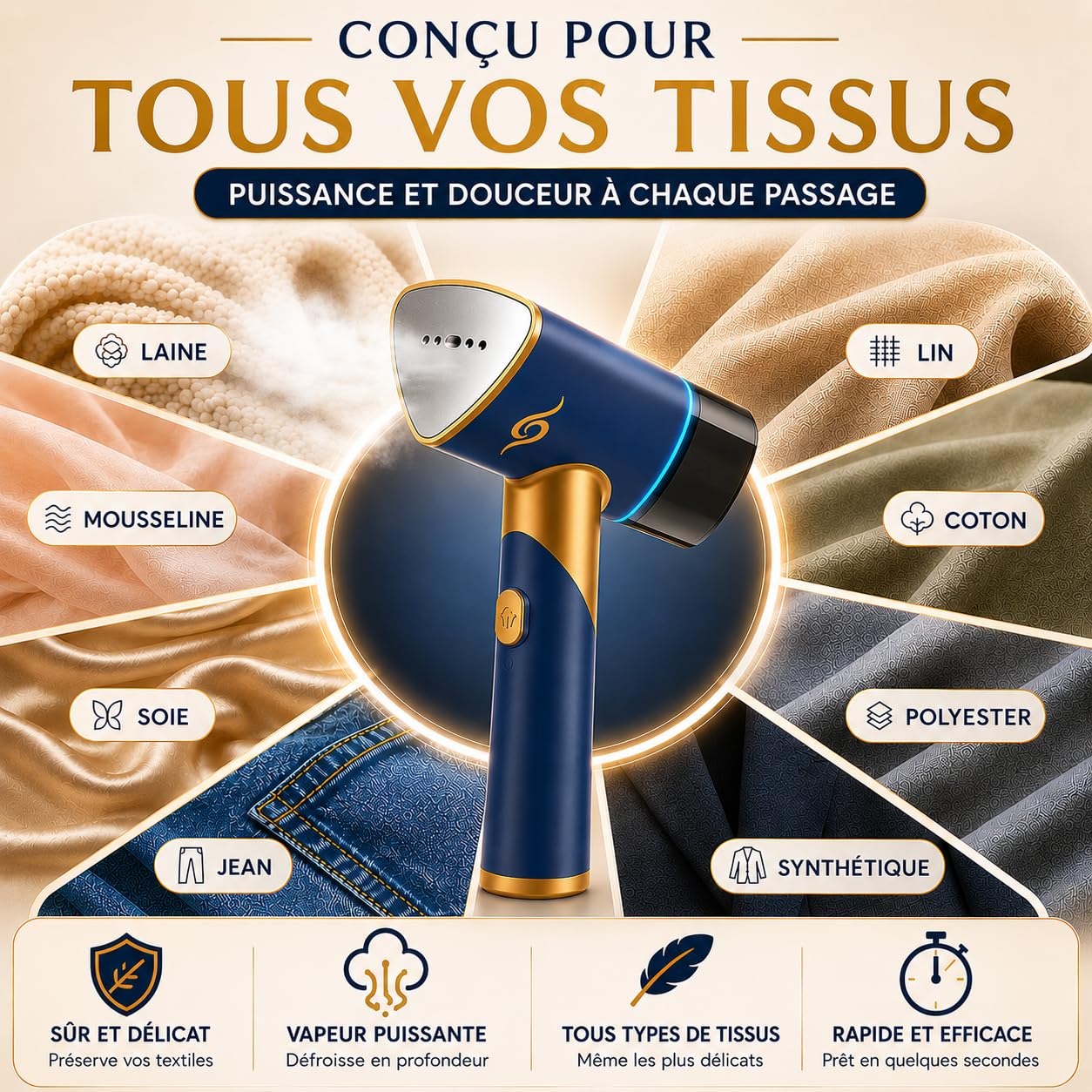 MISTIC Defroisseur Vapeur à Main Pliable, Steamer 1000W Portable pour Maison & Voyage, Defroisseur Vetement Prêt en 20s, Réservoir Amovible 200 ml, Câble long 2,5 m, Lumière LED, Brosse Clipsable