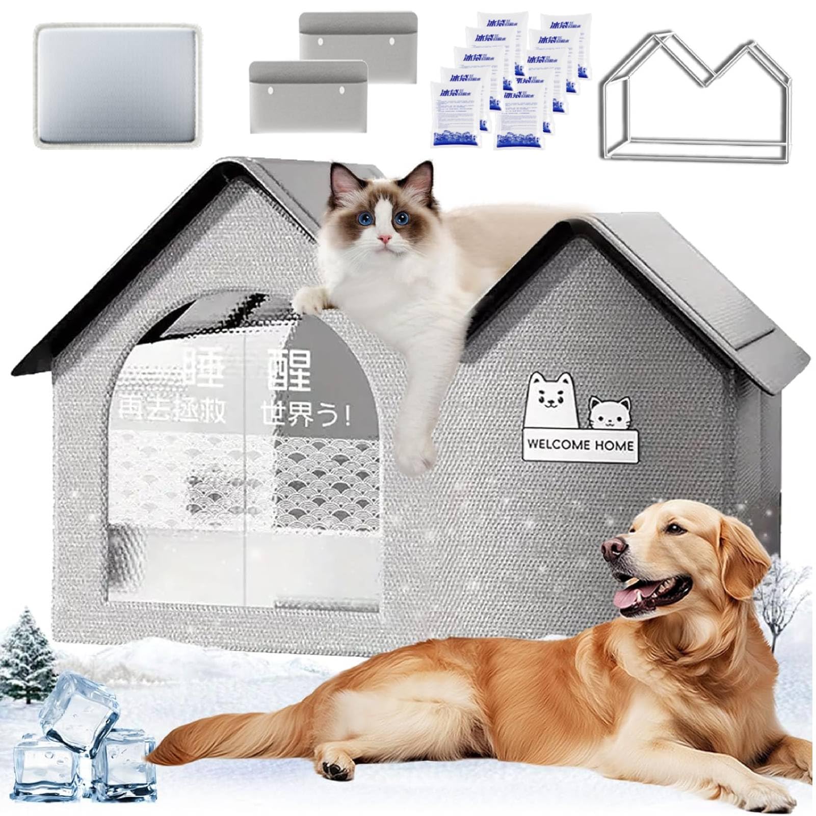 2025 Neue Hundehütte mit Klimaanlage, Icexeco Haustier Klimaanlage Haus, Haustier Kühlhäuser Kühlhäuser Hundehäuser Faltbar mit Klimaanlage 10 Kühlakkus für Haustiere (Grau, XL)
