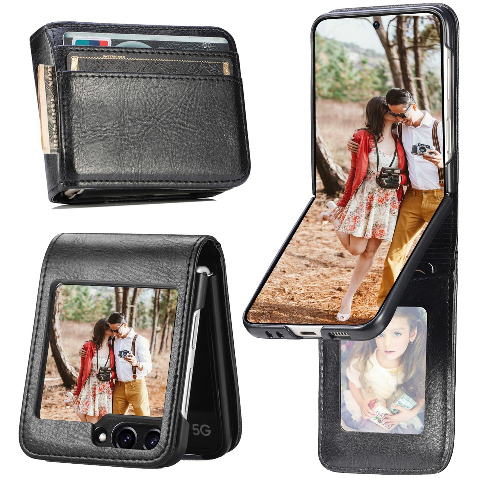 KASTWAVE Wallet Case, Business Style Premium Luxury PU Leather Protective, Case Slots Pocket Purse with 4 Card Slot, For Samsung Galaxy Z Flip 6 2024, Black