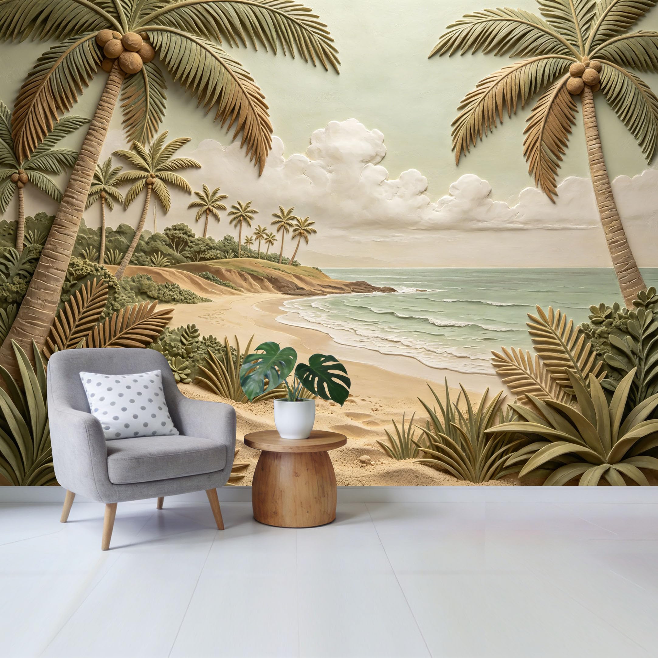 Qzlithotic Yq2605250612 Custom Size Wall Mural 3D Tropical Palm Tree Beach Coastal Landscape Textured Art Selfadhesive Wall Fabric Removable Wallpaper For Home Office Decor