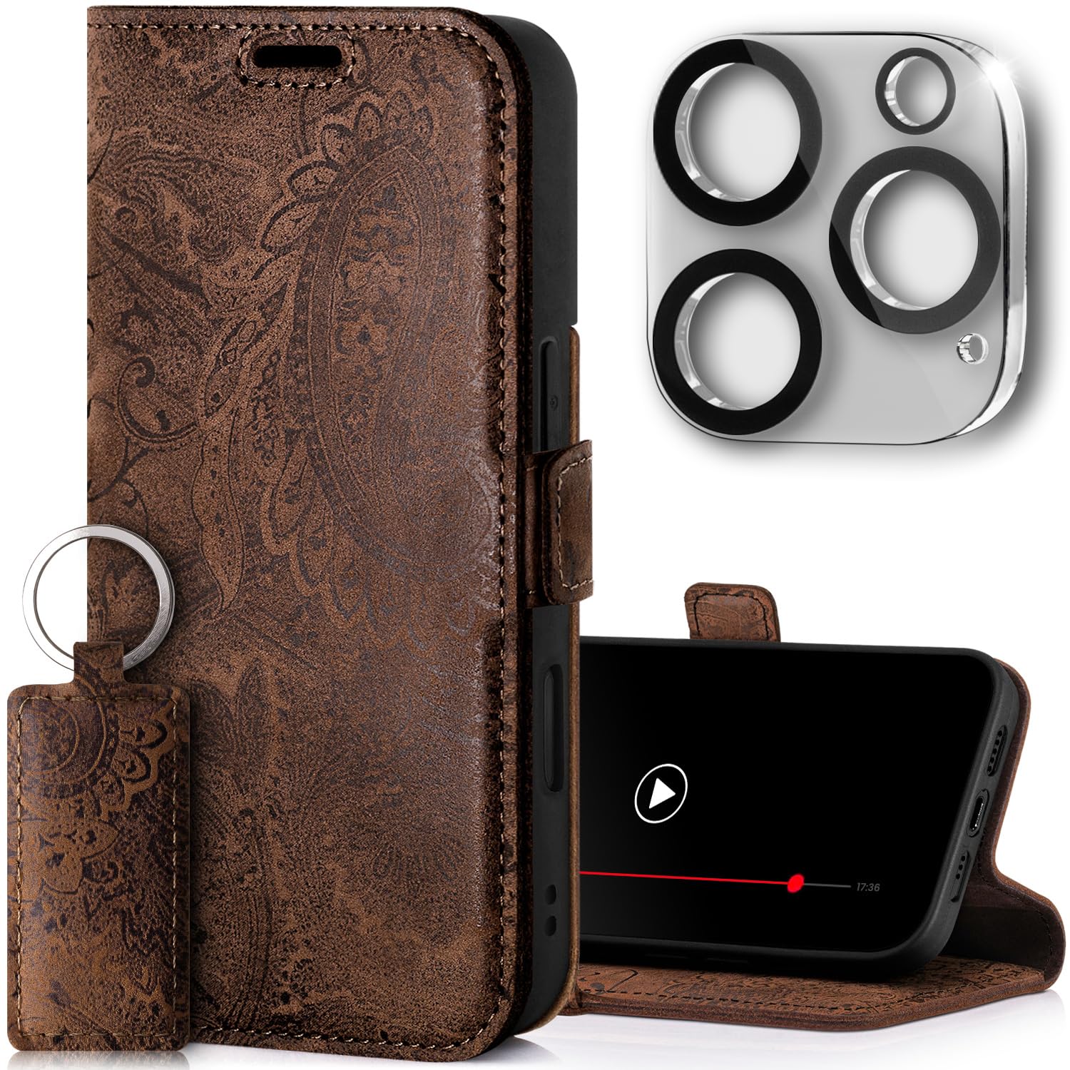 SURAZO Slim Magnetic Mobile Phone Case for Apple iPhone 16 Pro Max Case Leather Folding Genuine Leather Protective Case [Card Slot, RFID Protection, Camera Protection] [Pattern] Flip Wallet Case Cover