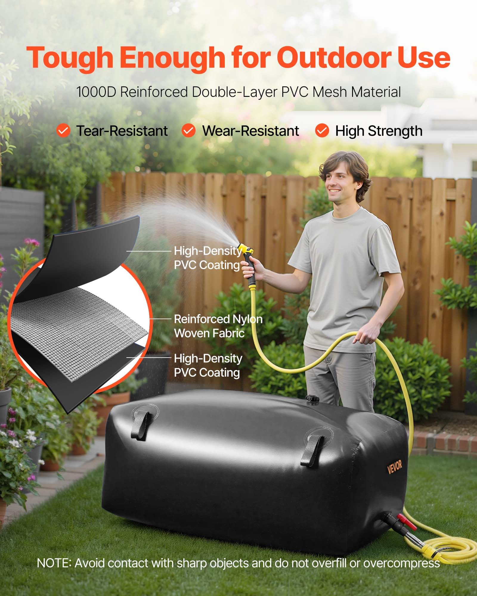 VEVOR Contenitori di Stoccaggio per Acqua, 330 L Portatile e Pieghevole, Sacca per Acqua Dolce in PVC 1000D Resistente all'Usura, per Irrigazione da Giardino, Camper, Uso di Emergenza, Nero