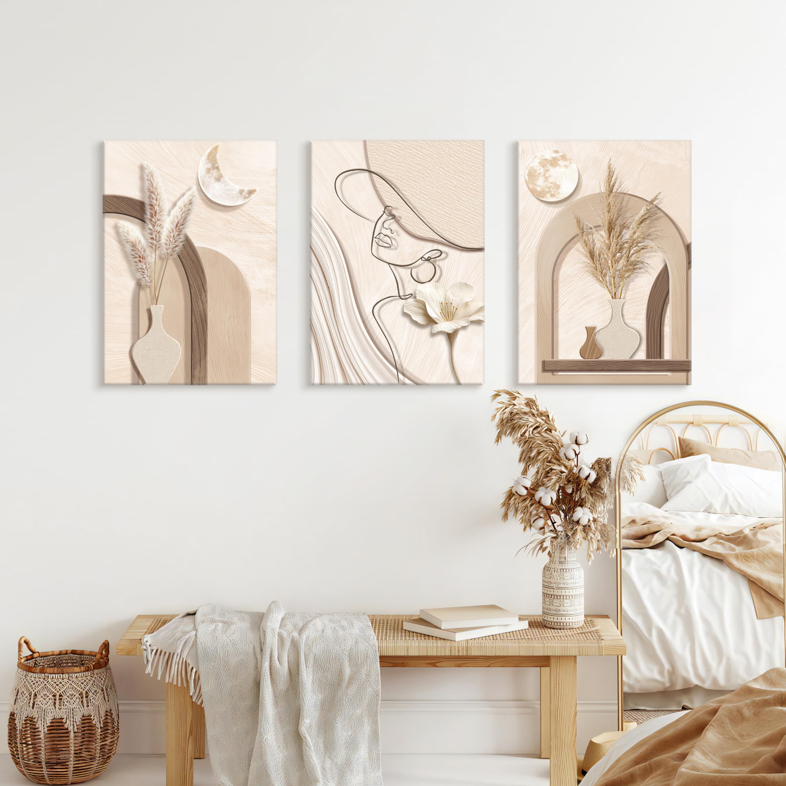 3 Pcs Abstrakt Tan Creme Geometrie Pflanzen Leinwand Bilder Mit Rahmen, Neutral Beige Schilf Bild Auf Leinwand Schlafzimmer Minimalistisch Frau Silhouette Wandbilder Wanddeko für Wohnzimmer 40X60cmX3