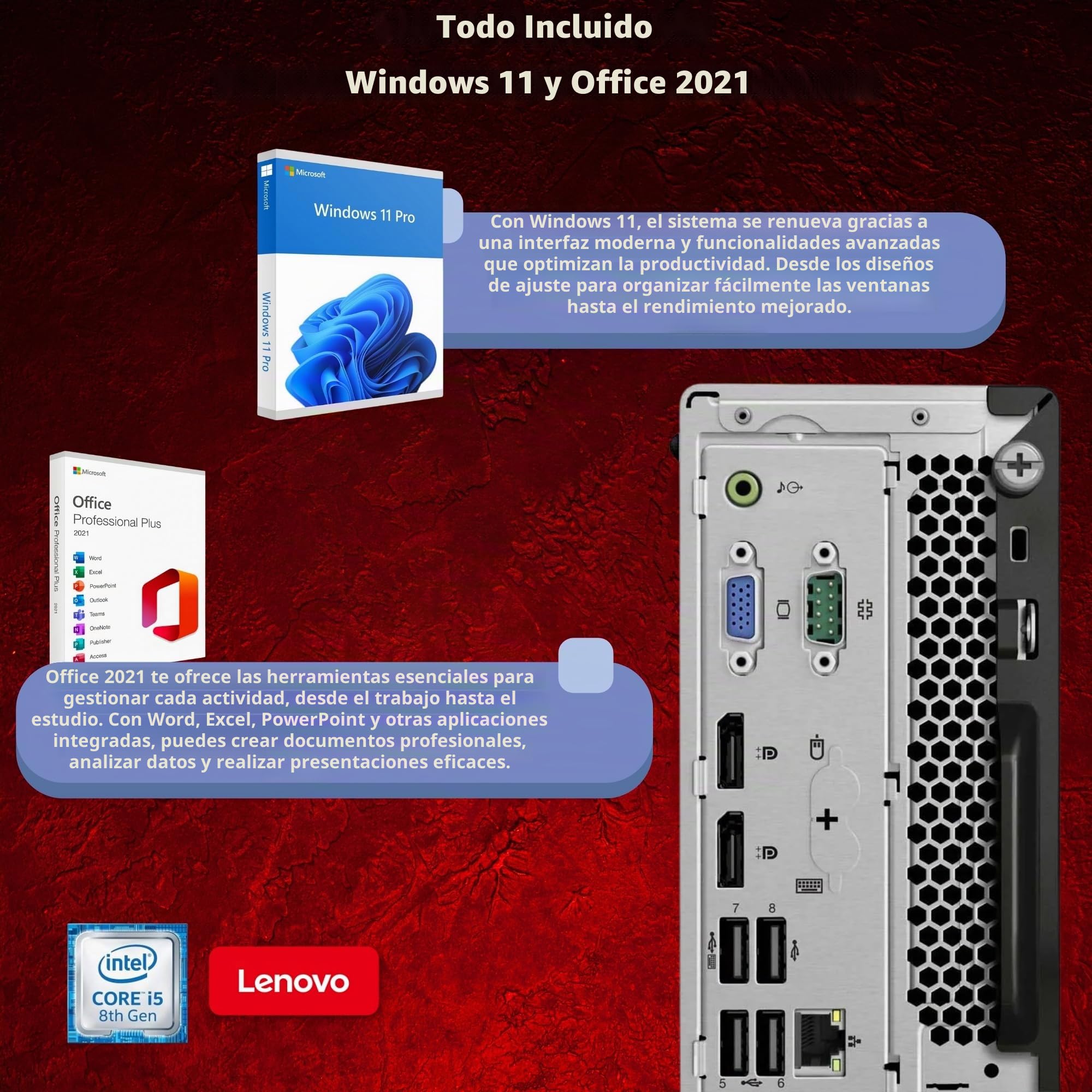 Lenovo Estación de oficina completa PC Desktop Intel Core i5-8400, 16 GB RAM, 512 GB SSD, 27" ThinkVision c27-40 FullHD, Win 11, OFFICE 2021 Professional, 36 meses garantía