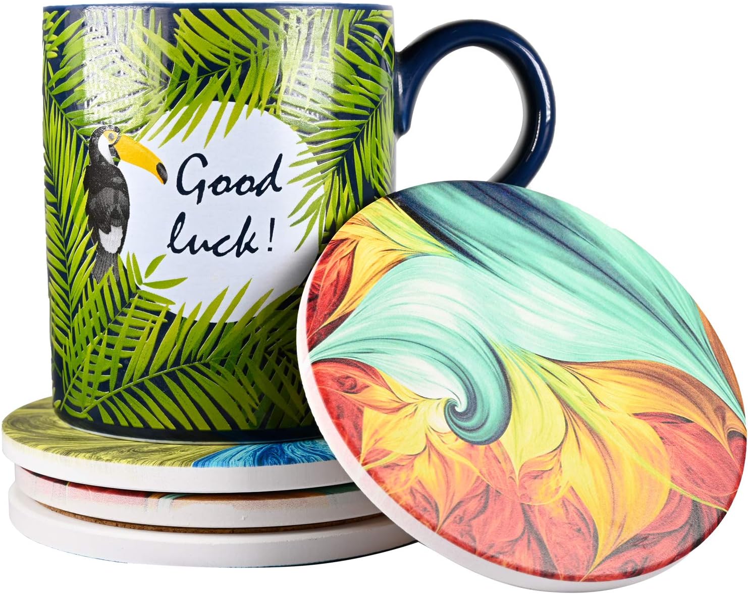 CoxFox Absorbent Coasters for Drinks Ceramic Cool Cup Coaster Set for Wooden Table Women Men Coffee Lover Gift