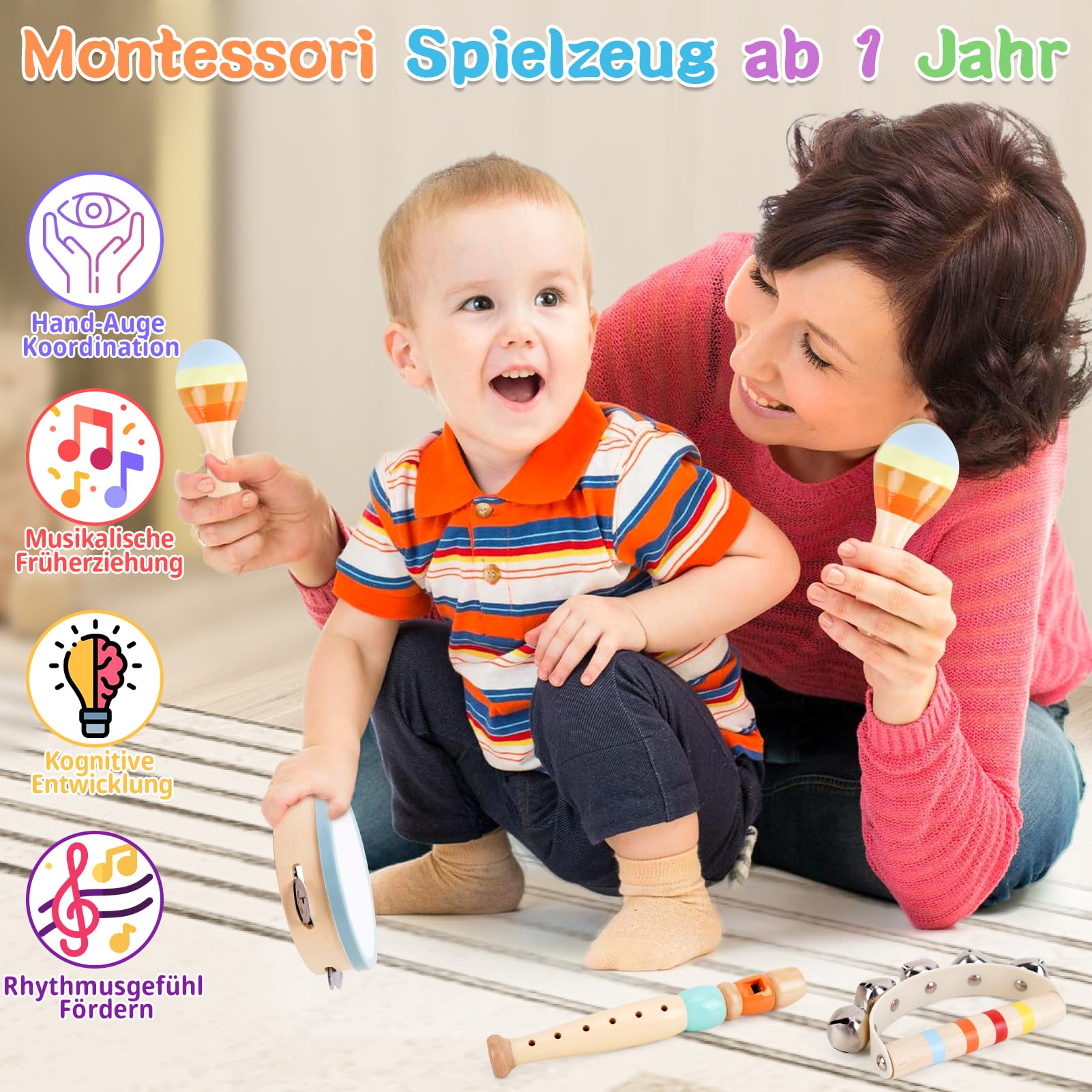 ATOYUS Montessori Musikinstrumente Spielzeug für Kinder ab 1 Jahr, Holz Schlaginstrumente für 1-3 Jährige Jungen und Mädchen, mit Xylophon, Maracas, Geschenk zum 1. Geburtstag & zu Weihnachten