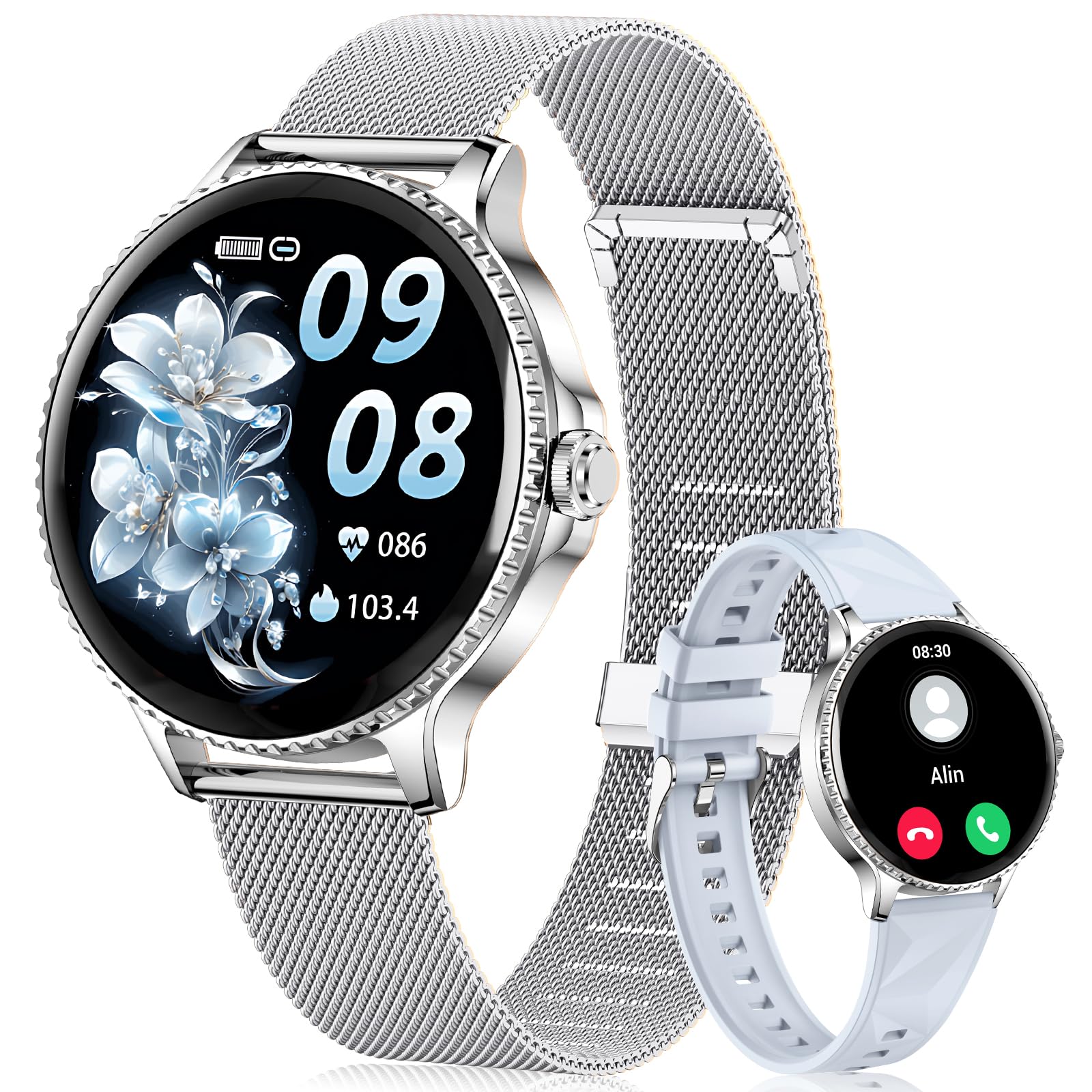 CIVO Reloj Inteligente Mujer Redondo: Smartwatch Mujer con Llamadas Bluetooth Compatible Android iOS - Reloj de Pulsera Podómetro Deportivo Impermeable Plateado