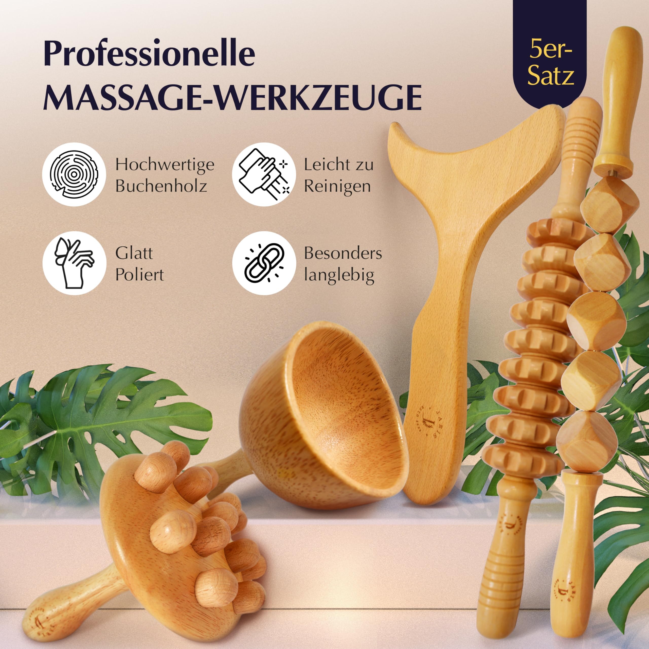 JARIS – Maderotherapie Set 5-teilig – Holz Massagegeräte gegen Cellulite – Wood Therapy Massage Tools für Bauch Beine Po – Professionelles Maderotherapie Kit mit Anleitung QR Ecofriendly