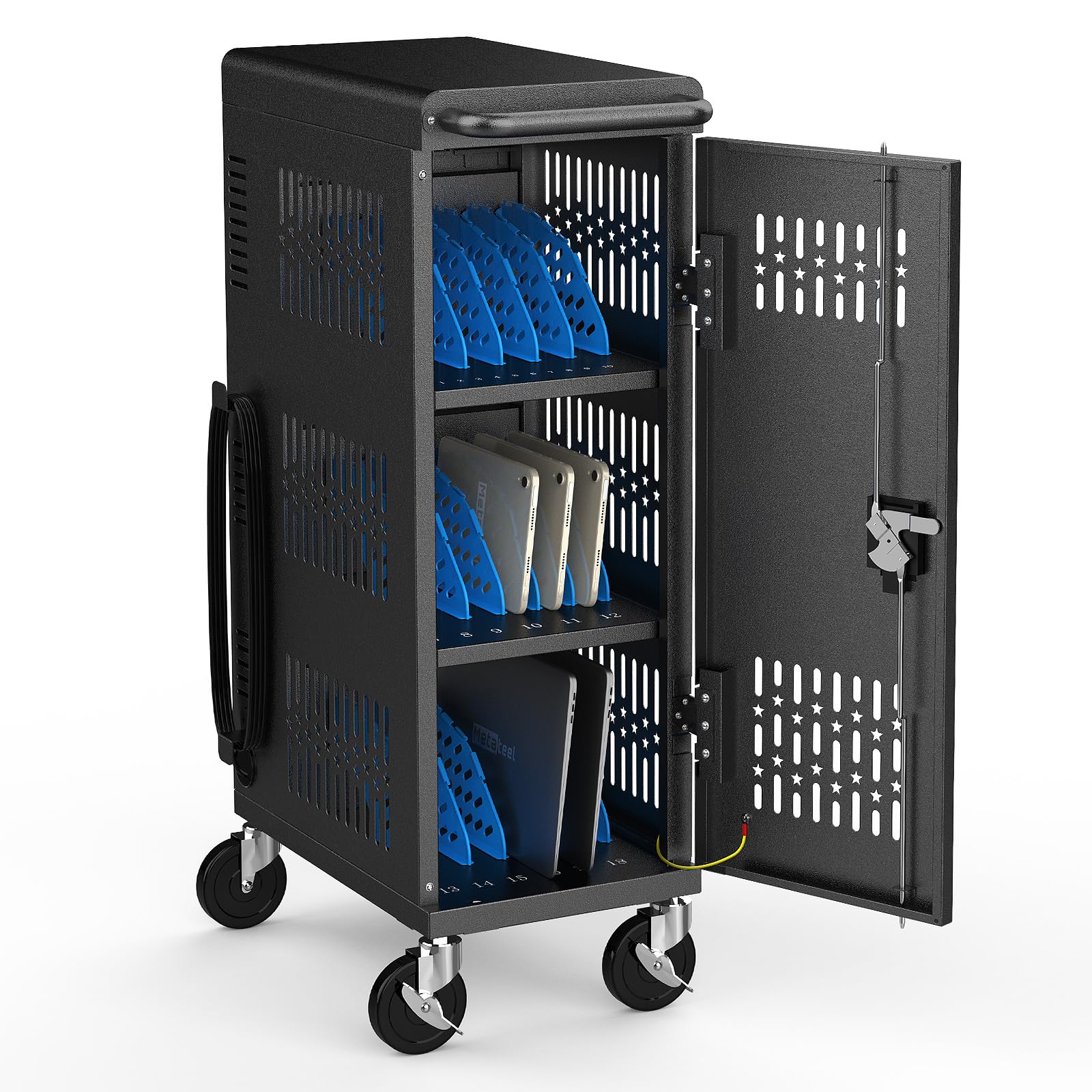 Metateel Fully Assembled 18 Bay Laptop Charging Cart on Wheels, Heavy Duty Laptop Storage Cart for iPad Chromebook Tablet Up to 14-inch Screen with