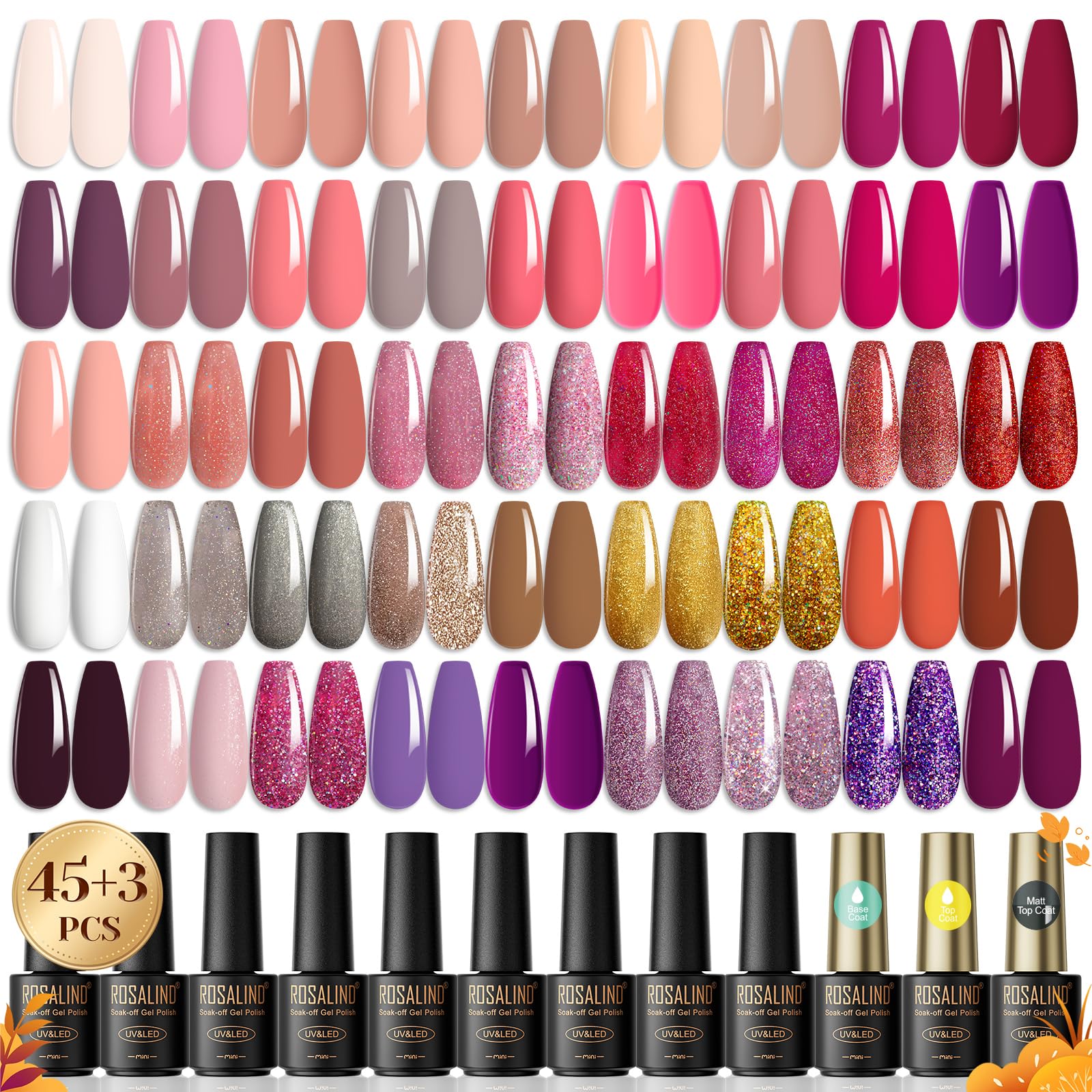 ROSALIND 48 Pcs Esmalte Semipermanente, 45 Colores Pintauñas Semipermanentes Remojo con Base, Top Coat Brillante y Mate, Esmalte de Uñas Semipermanentes de Nude Rosa Marrón Para
