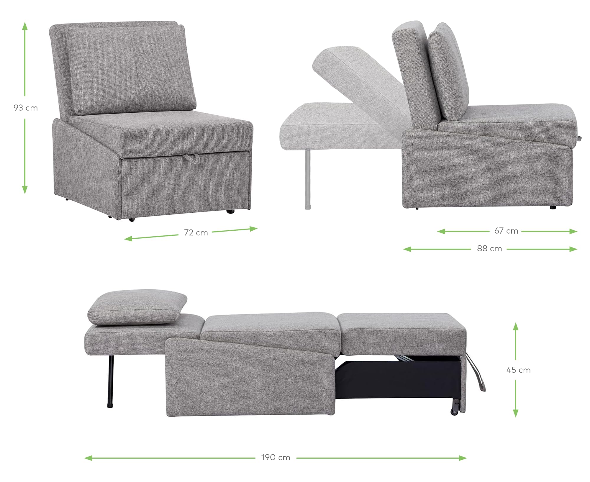 EVERGREENWEB - Poltrona Pouf Letto Singolo con Materasso e Cuscino INCLUSO, Prontoletto Salvaspazio Pieghevole, Pouf Poggiapiedi, Ottomano, Comodo Schienale Regolabile e Tasca Laterare | SOFY (Grigio)
