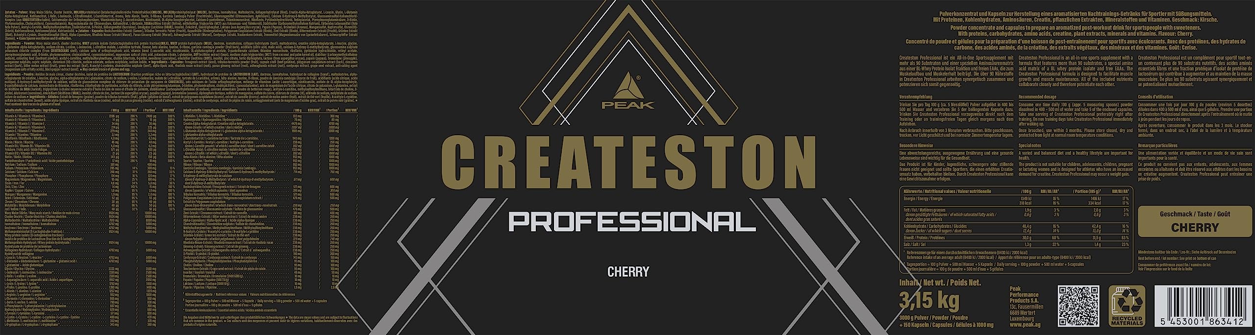 PEAK Createston Professional - 3150g Geschmack Cherry I 30 Portionen I Post Workout I ALL in One mit über 90 Schlüsselsubstraten I mit Whey, Creatin AKG, Cluster Dextrin & HMB für Muskelaufbau