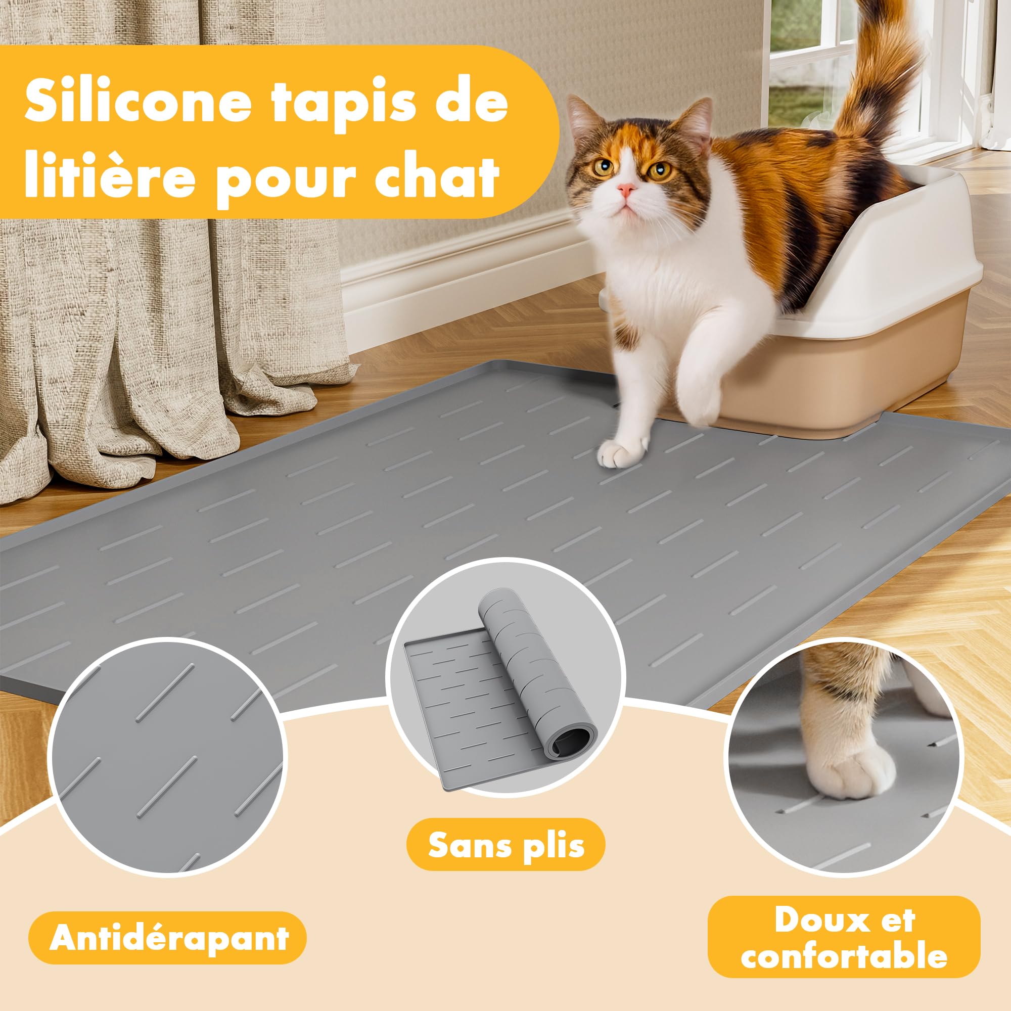 Pieviev Tapis Litière Chat Grand, 86x56cm Tapis pour Bac à Litière | Silicone, Ramasse & Piège le Sable, Anti-Urine, Lavable, Cat Litter Mat Large, Protège le Sol, Gris Clair