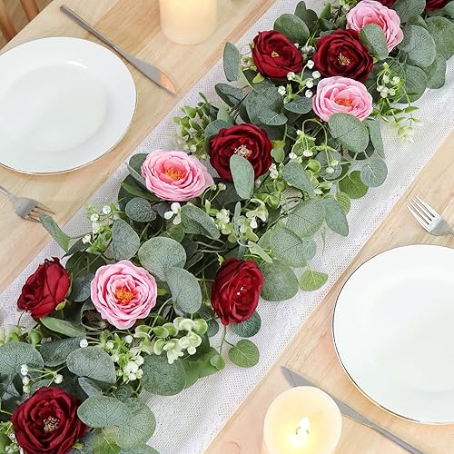 Miniatura 16 de TOCHGREEN 4 Pack 24Ft Artificial Eucalyptus Flower Garland with Champagne Roses, Fake Rose Flower Greenery Garland Floral Vines for Wedding Home