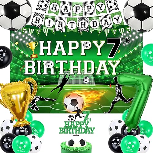 Decoraciones de fútbol de 7. cumpleaños para niños, globos de cumpleaños número 7 para niños, telón de fondo de feliz cumpleaños, pancarta de
