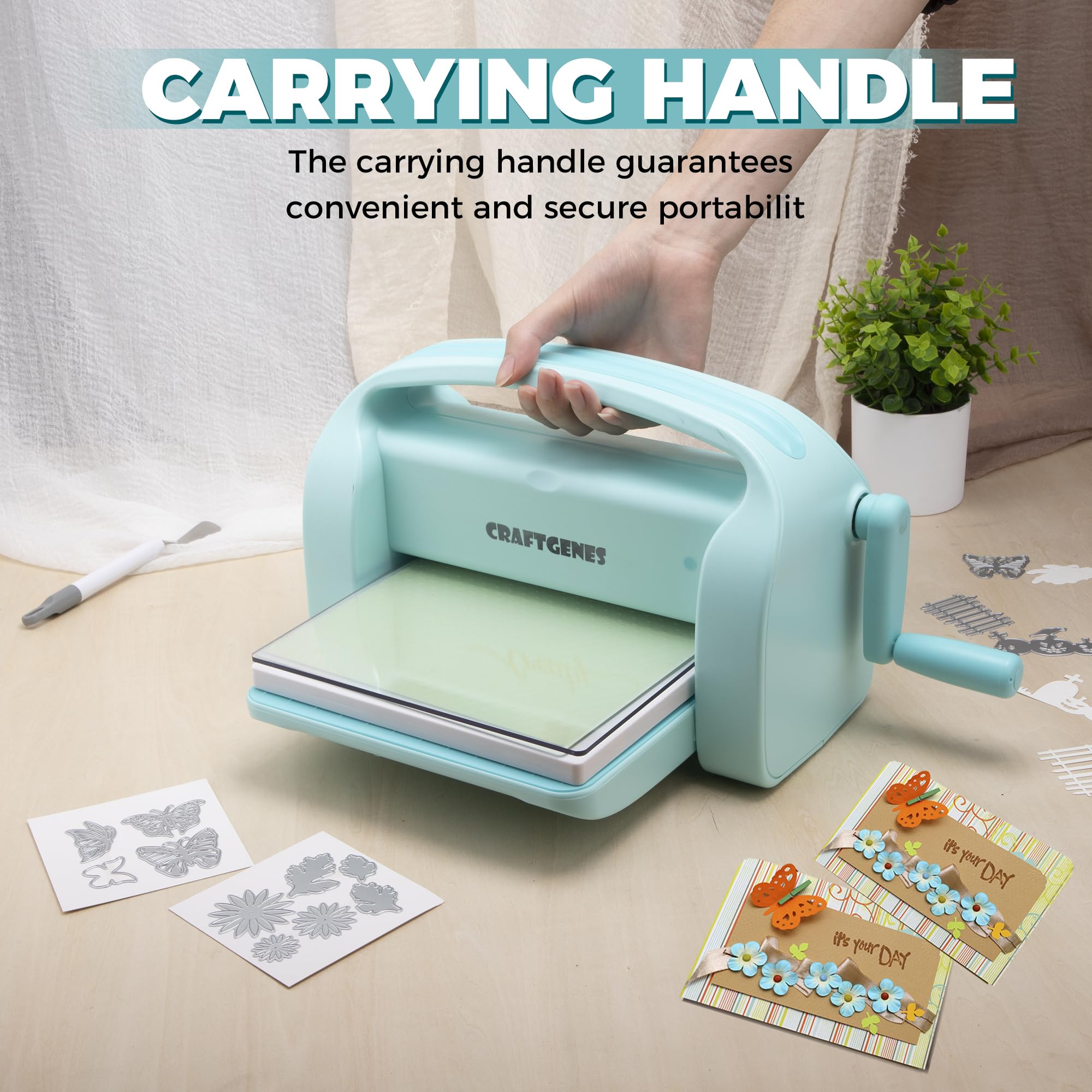 CraftGenes 9 Zoll Stanzmaschine & Prägemaschine, Manuelle A4 Stanz- und Prägemaschine mit Faltbaren Seiten, Inkl. A4 Stanzformen, Prägefolder & Platten, Ideal für Kartengestaltung, Scrapbooking & DIY