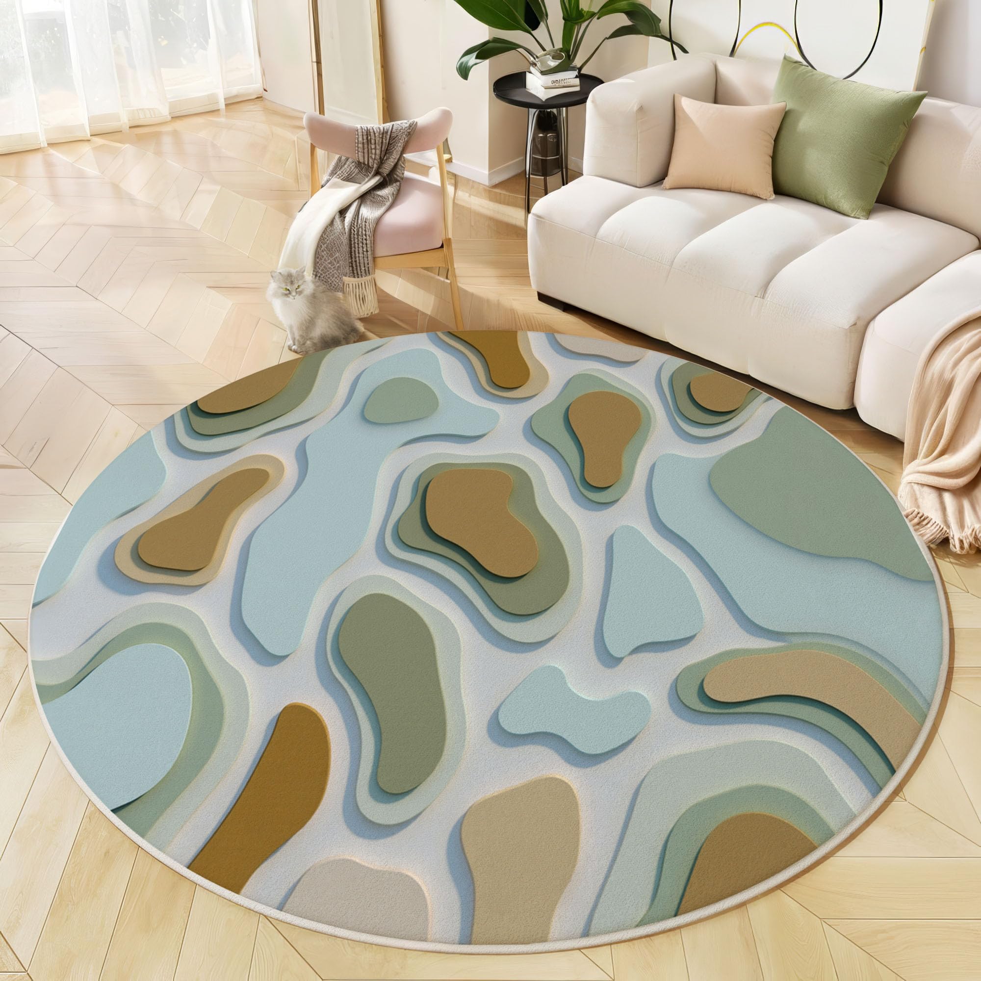 Abstrakte Kunst Waschbarer Runder Teppich 120cm, Pflegeleicht rutschfest 3D-Topografische Karte Teppich, Kurzflor Senfgelb Teppiche für Schlafzimmer Badezimmer Eingangsbereich Kinderzimmer
