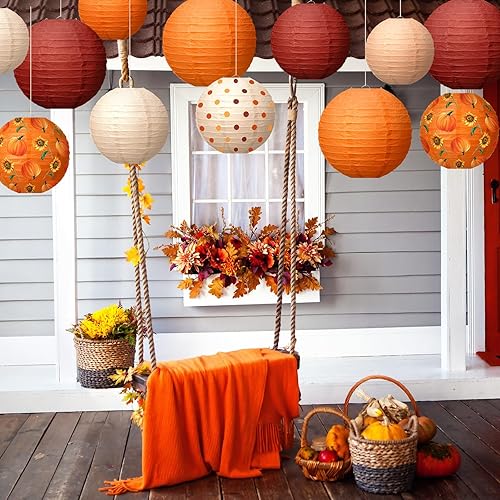 Miniatura 5 de 12 linternas de papel de otoño colgantes de Acción de Gracias rojo naranja linternas de papel decorativas redondas de otoño para decoración de