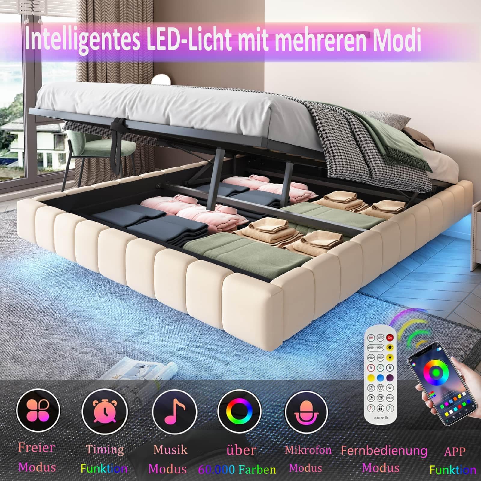 PUGSDRLY Lit 180x200cm sans Tête de lit avec éclairage LED et Espace de Rangement,Lit Double Coffre Capitonné Multifonctionnel,sans Matelas (Beige, 180x200)