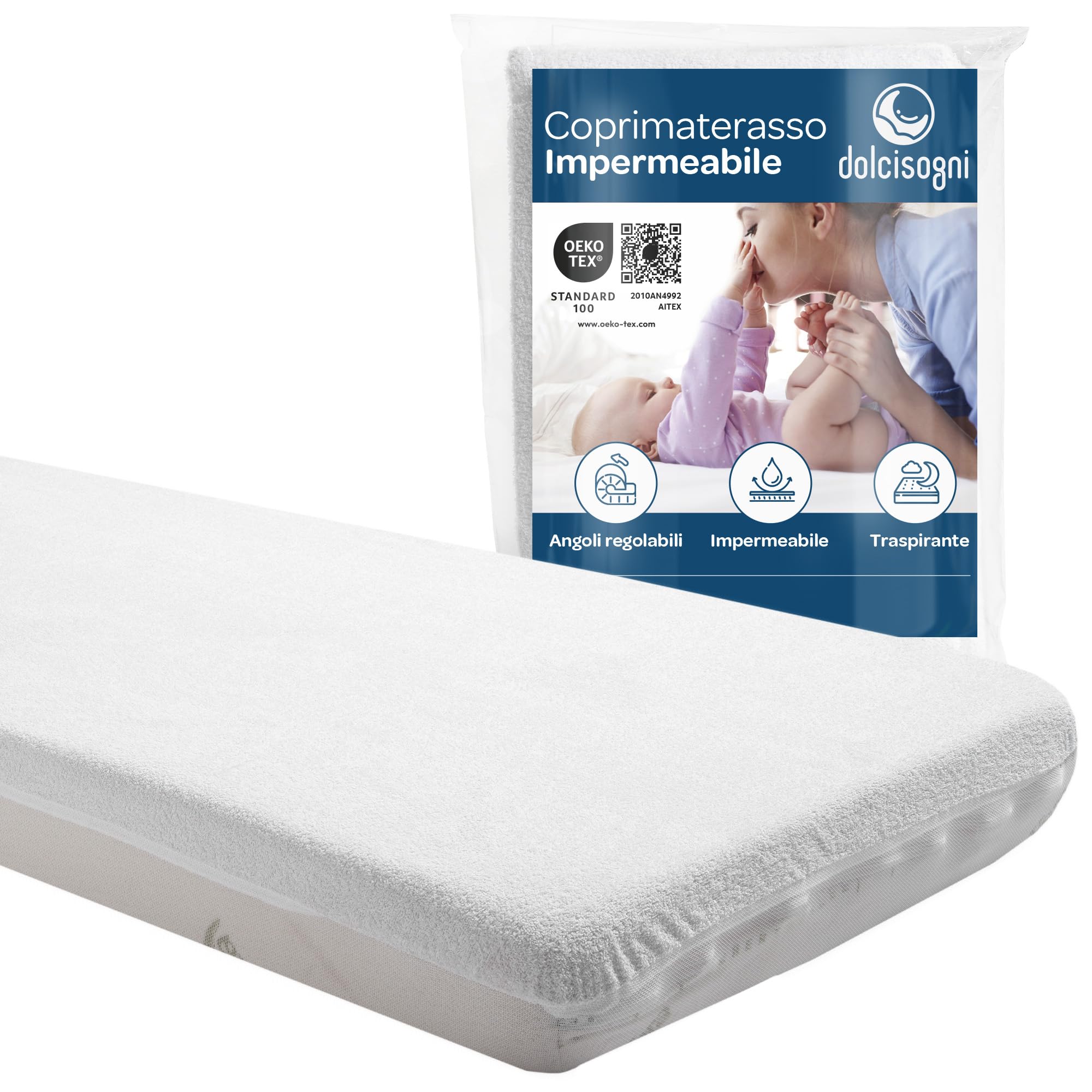 DolciSogni Materasso Lettino 60x120 cm con Coprimaterasso Impermeabile (2 Pezzi) - Federa di Aloe Vera - Materasso e Coprimaterasso Traspiranti e Lavabili - Certificato Oekotex - Made in Europe