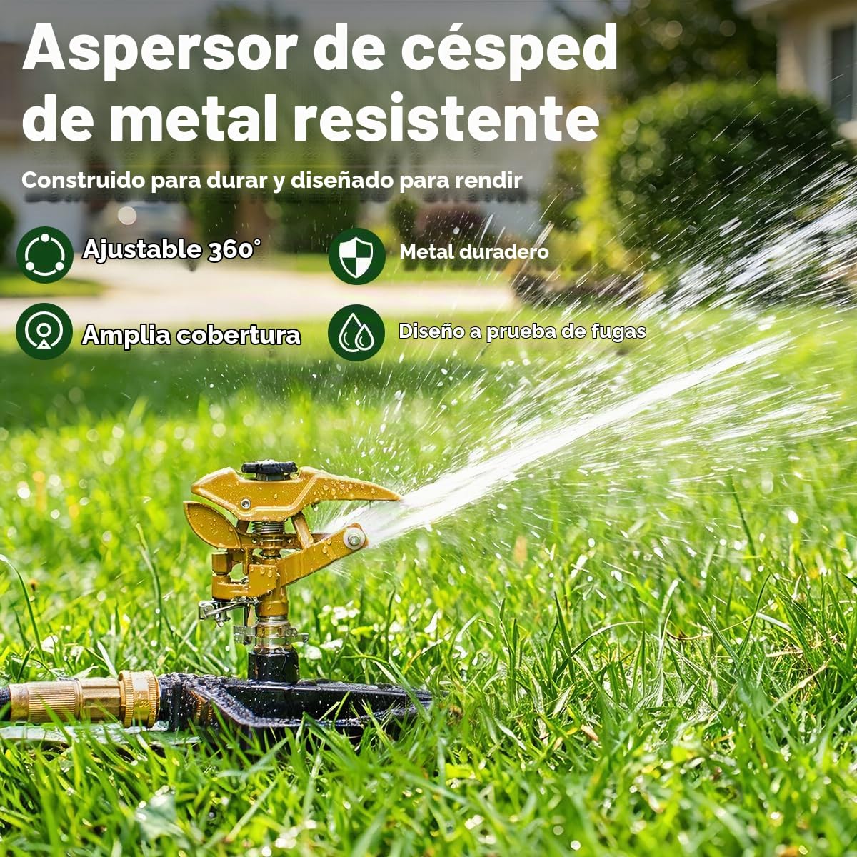 FANHAO Aspersor de Impacto Pesado para Césped con Base metálica, Cabezal Pulsante Ajustable de 360°, Cubre hasta 540 m² para Jardín, Patio y Parterre