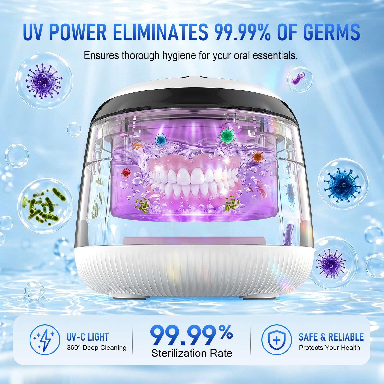 Limpiador Ultrasonidos Dental con Luz UV-C,Resistente al Agua,48kHz con Temporizador,4 Modos,200mL.Ideal para Prótesis Dentales,Alineadores,Protectores Bucales y Férulas Nocturnas.Blanco. | Resistente al Agua
