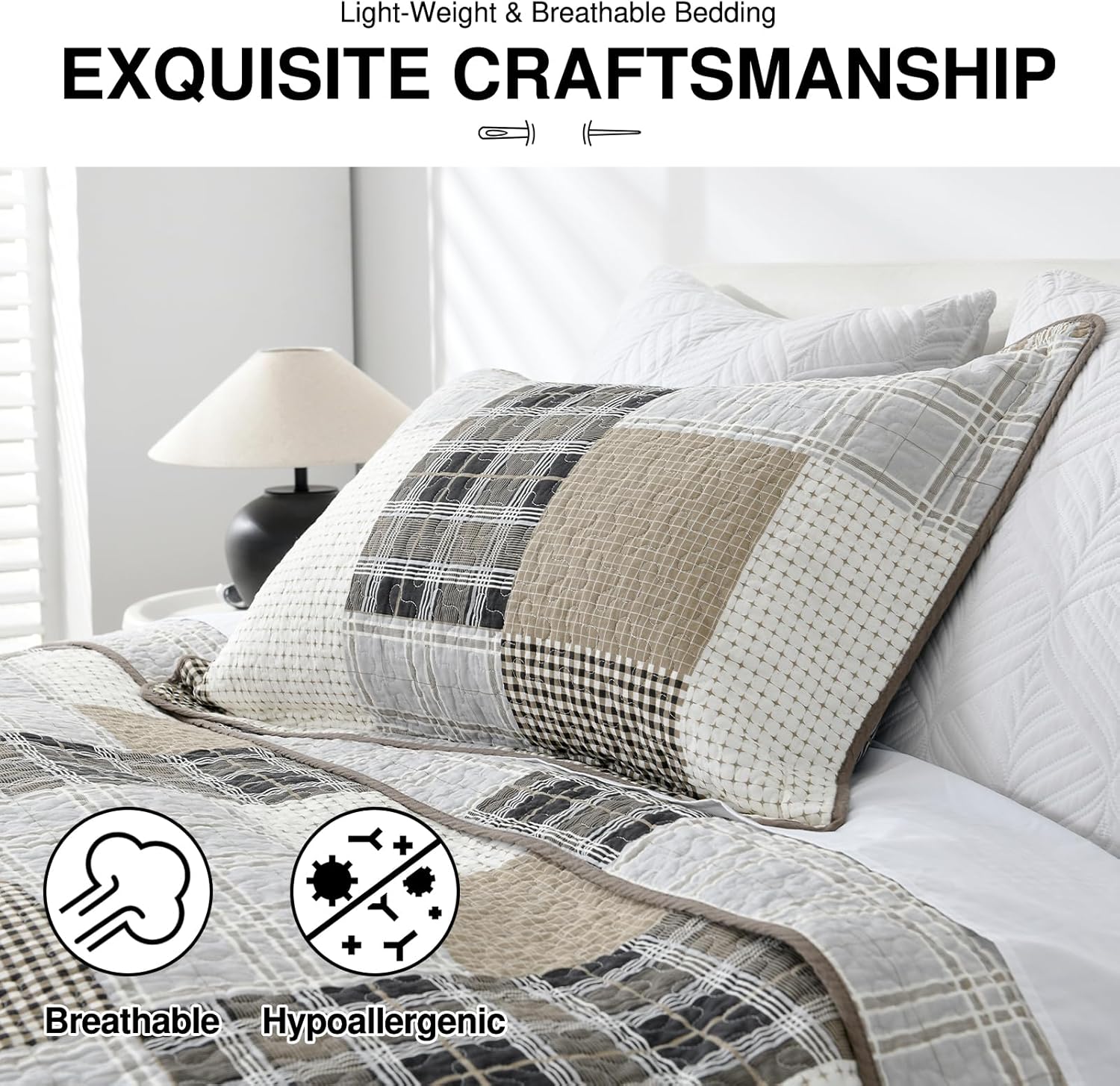 DDUOXIN Plaid Quilt Set - 100% Cotton Farmhouse Queen Quilt with 2 Pillow Shams, Lightweight Comforter Bedspread Soft 3 Piece Bedding Set for All Seasons, Brown/Gray/Beige - Image 5