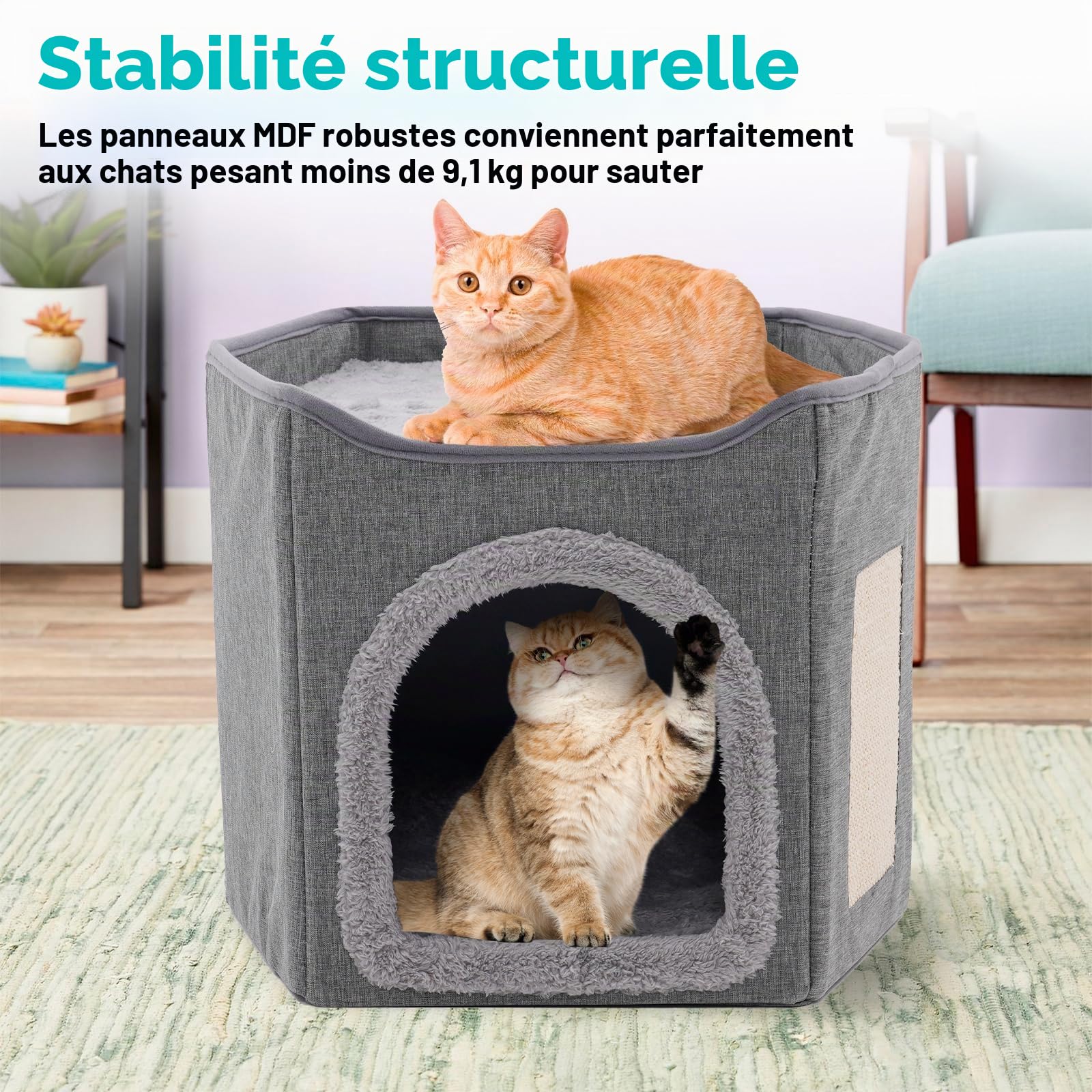 Maison pliable d'intérieur pour grands chats, grande niche pour chat avec griffoir, 2 couches, niche pour animaux de compagnie de petite et moyenne taille, grise