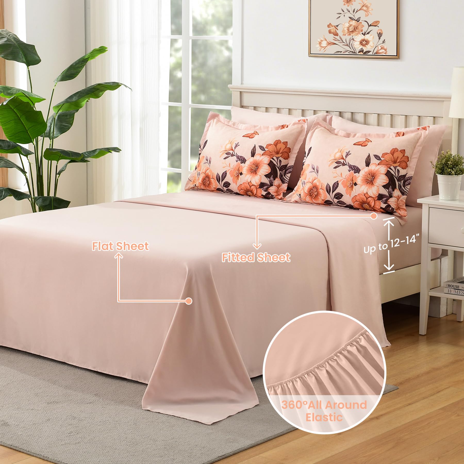 Juego de edredón floral tamaño King, 7 piezas de cama naranja en una bolsa, elegante juego de edredón con patrón de flores con sábana, juegos completos de microfibra suave para todas las 4