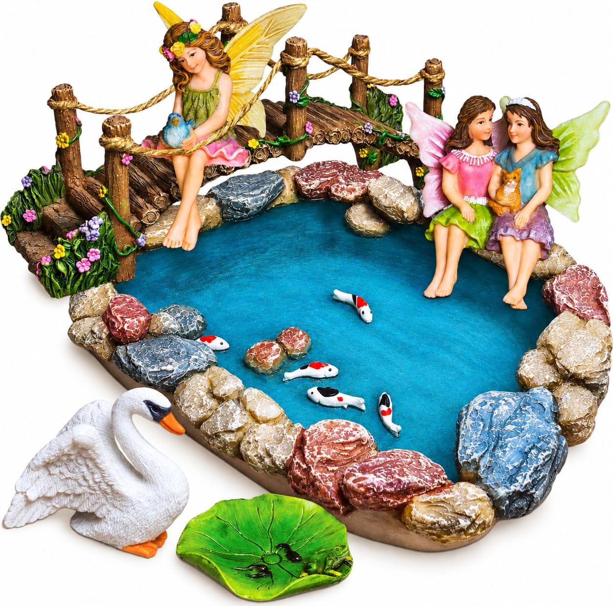 Fairy Garden Figurines - Pond & Bridge 6-Piece Miniature Decor Statue Set