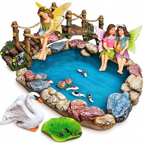 Fairy Garden Figurines - Pond & Bridge 6-Piece Miniature Decor