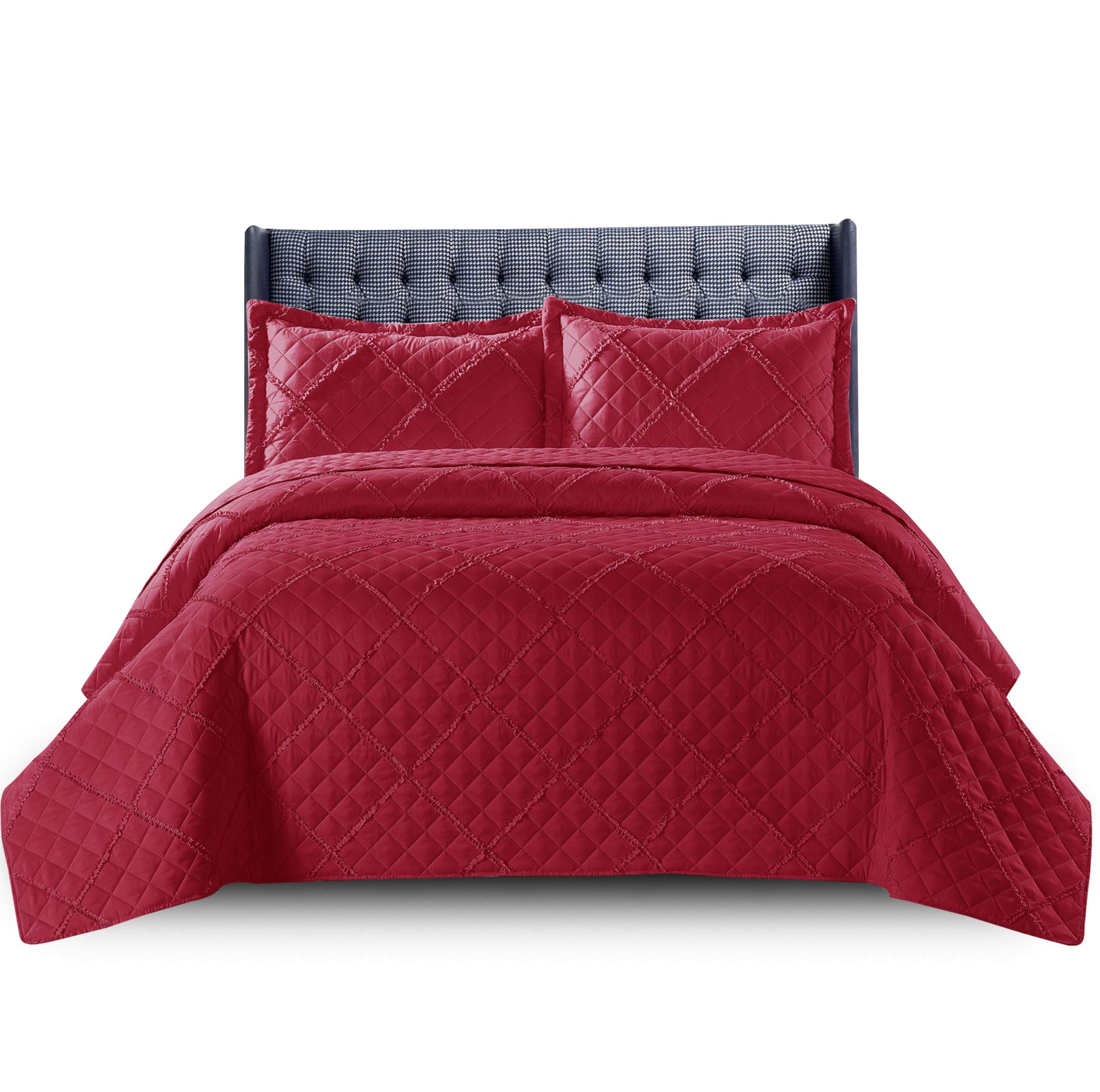 PHP Quilted Bedspread Bed Throws for Room Decor - Quilted Fabric Embossed Striped Pattern Ruffle Design Reversible Quilt Bedspreads Coverlets with Hypoallergenic Pillow Cover (Single, Ruffle Red)