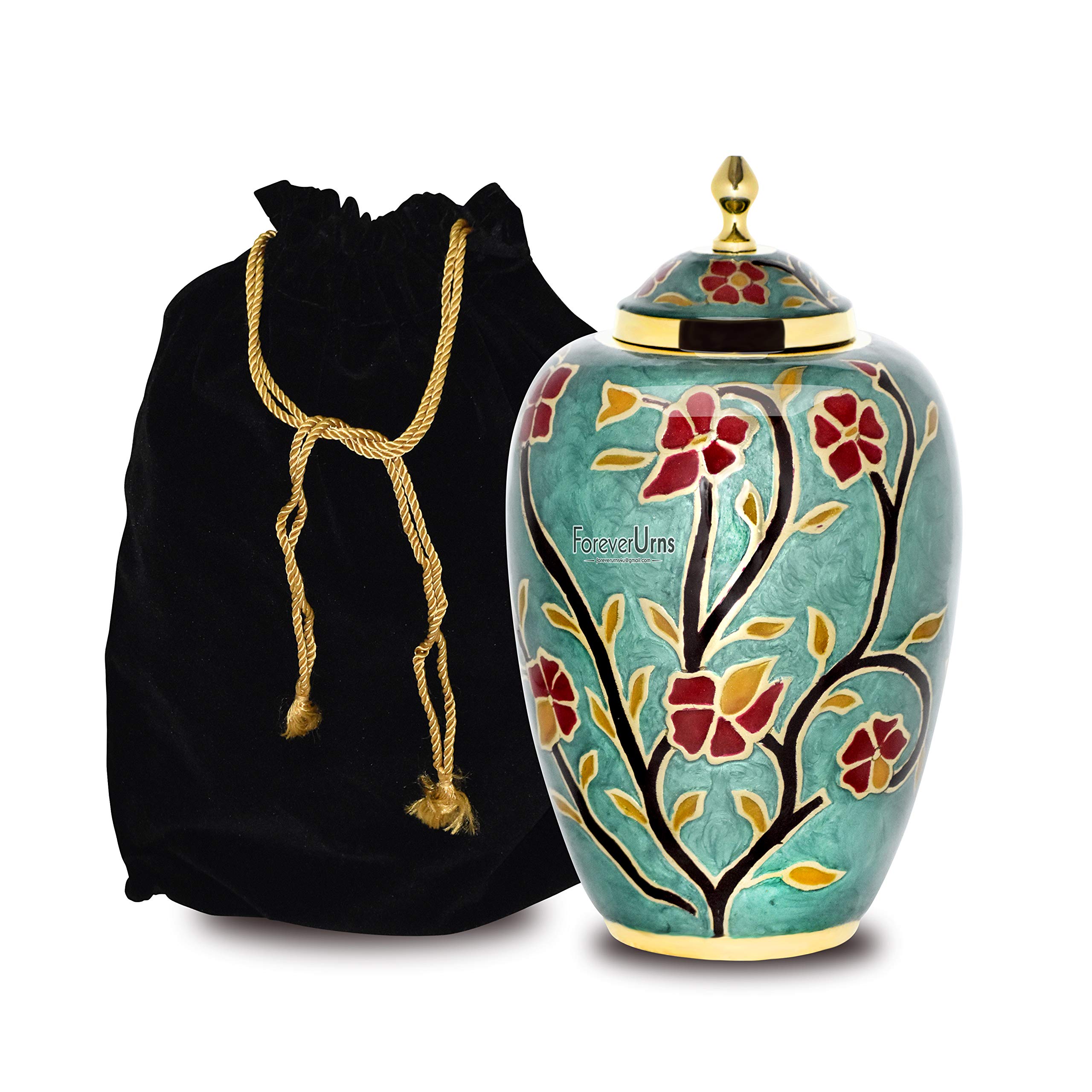 Forever URNS - Urna funeraria per ceneri umane di uomini e donne, 200 cu, grande, completamente realizzata a mano, con sacchetto di protezione in velluto (verde turchese, grande