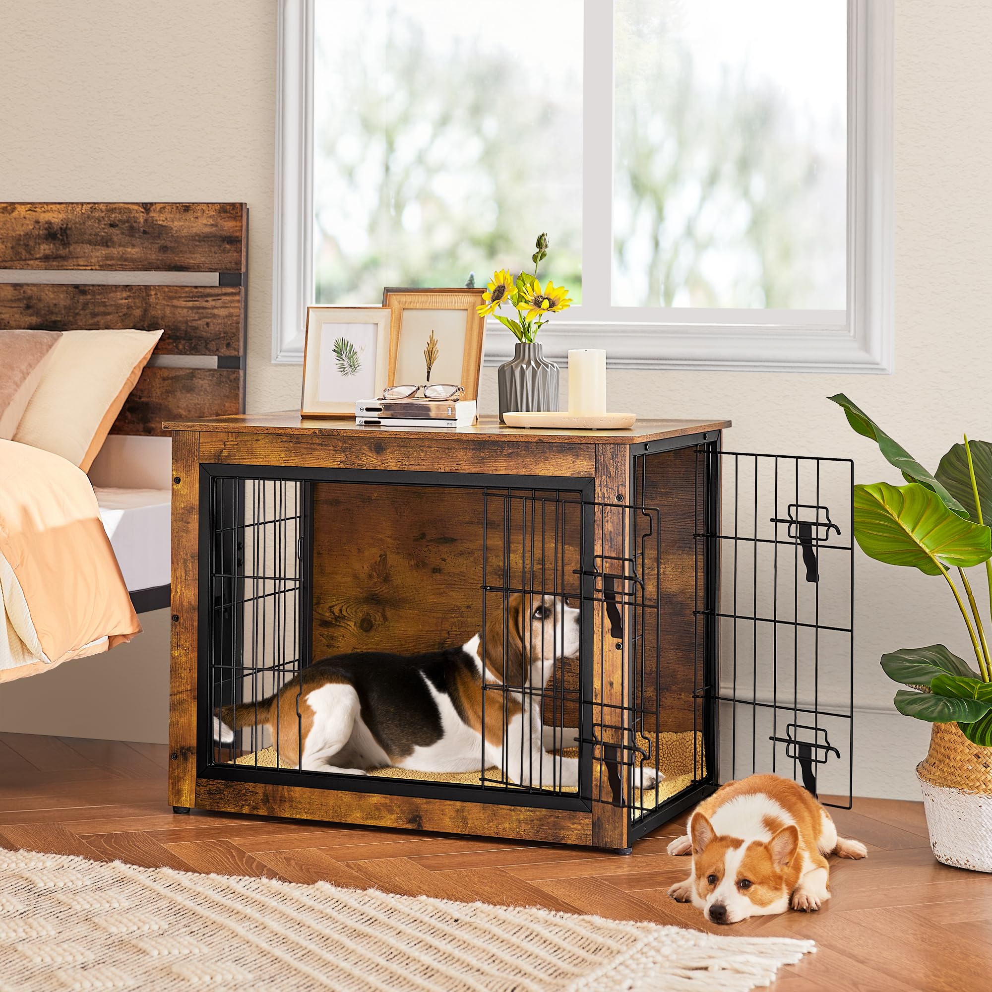 Yaheetech Gabbia per Cani Kennel Tavolino Armadietto con Doppie Porte Gatti a Rete in Legno da Interno 80,5 × 55,5 × 64 cm Marrone Rustico