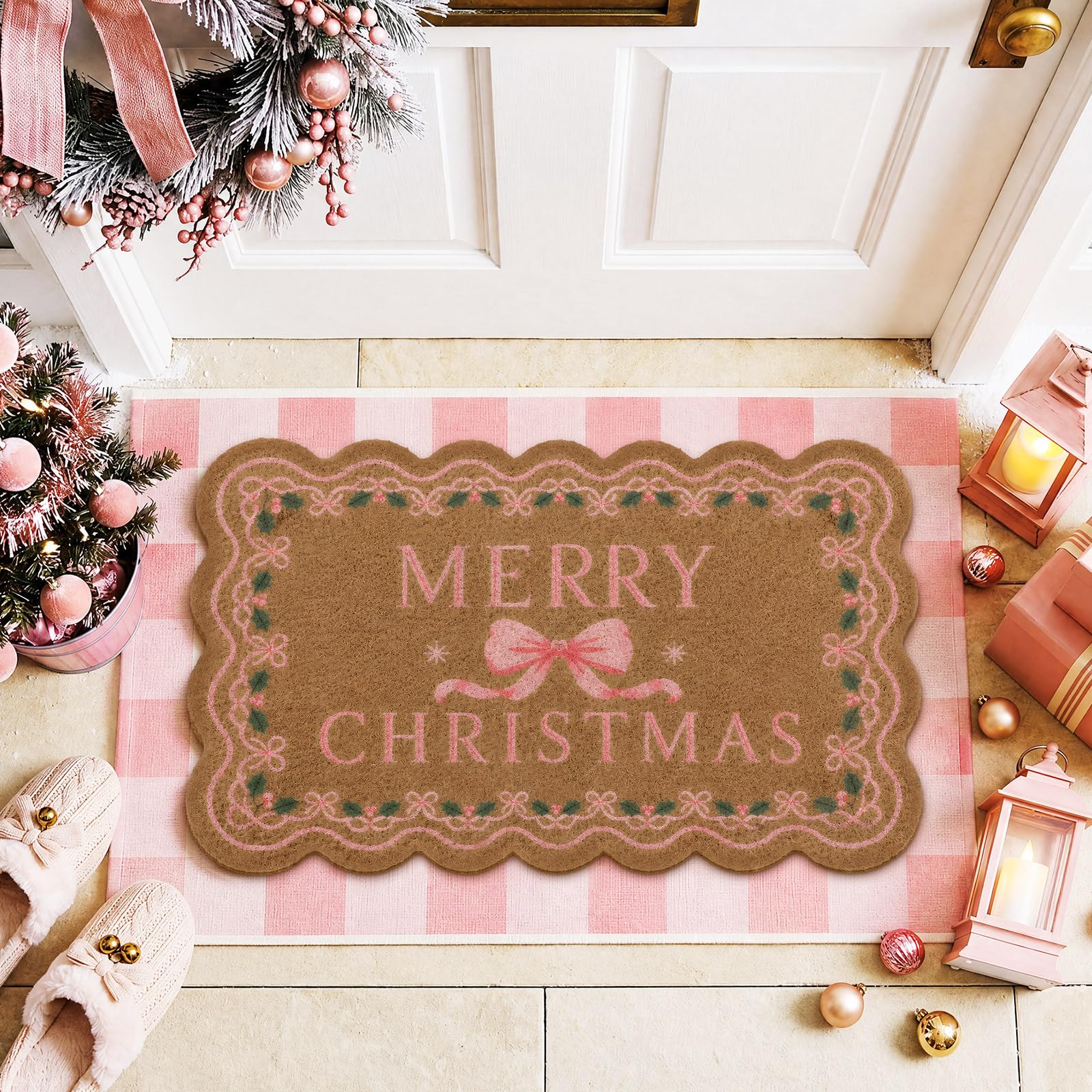 Dunzy 2 Pcs Christmas Bow Doormat Pink White Striped Coir Rug Front Door