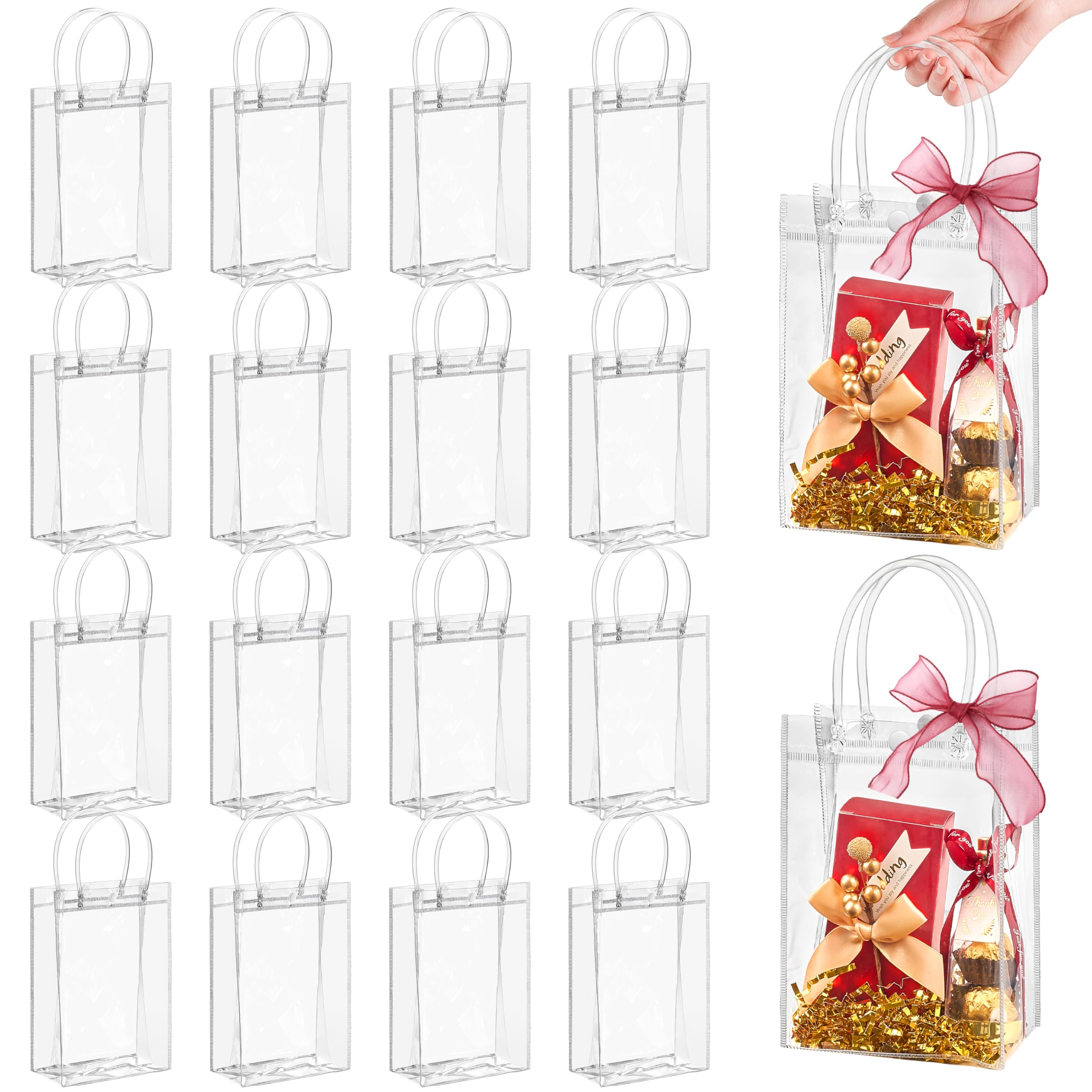 Jutieuo 24 Pack Clear Plastic Gift Bags with Handles, Reusable Transparent Party Favor Bags PVC Goodie Bags Bulk for Wedding, Baby Shower, Birthday (