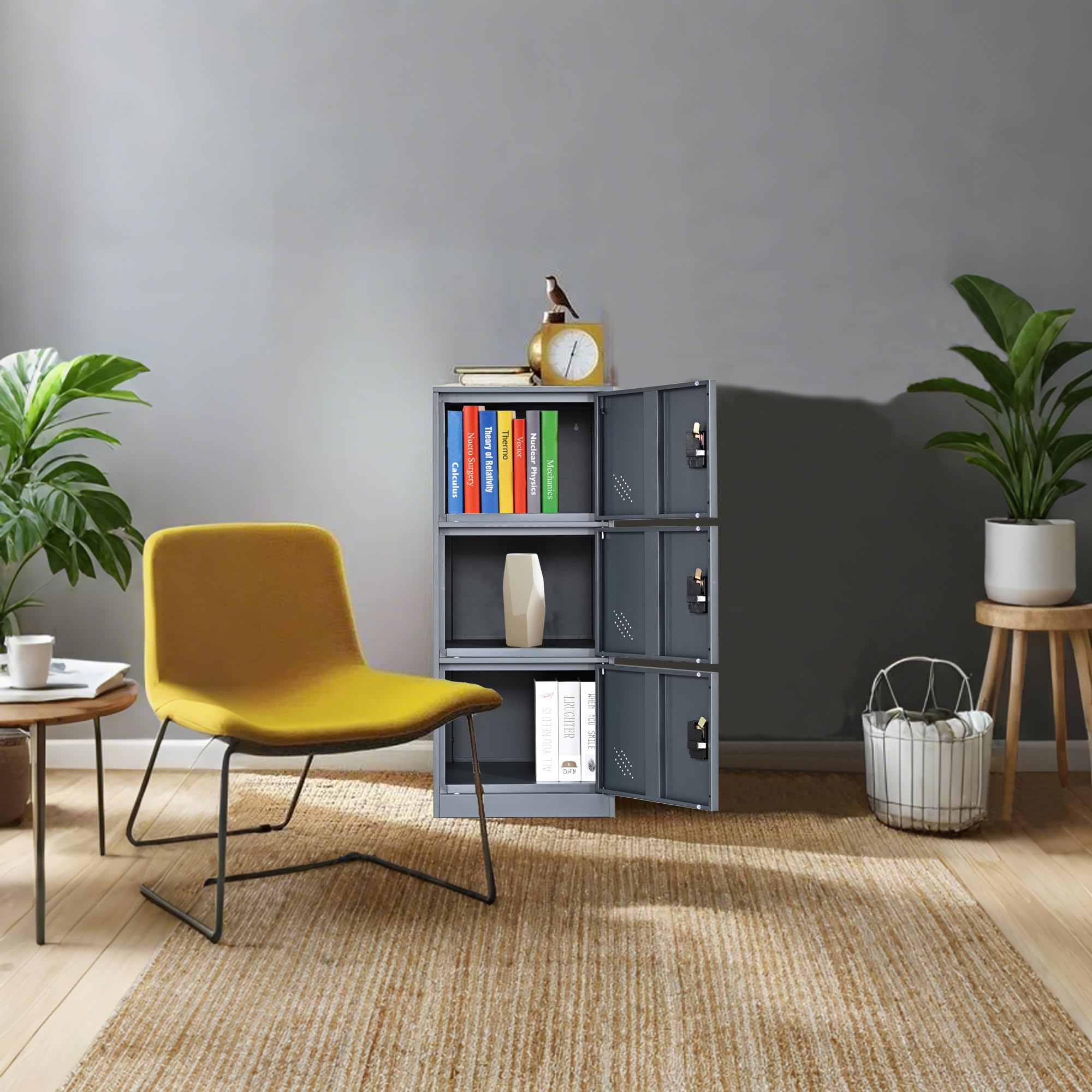 MECOLOR Casier de Rangement Vertical avec loquet à Cadenas, Petit Meuble de classement de Bureau avec 3 Portes, Armoire de Rangement d'angle en Acier pour Salon, Salle de Sport (Gris, 3D)