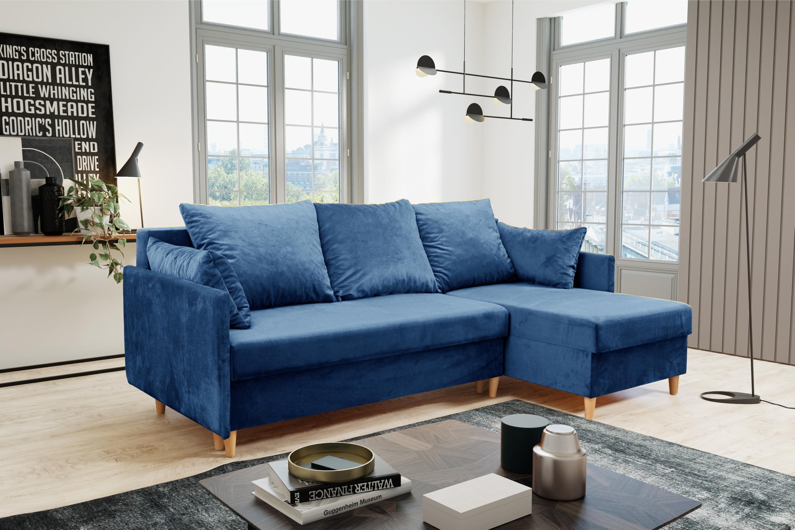 KIER FURNITURE Ecksofa mit Schlaffunktion Kendi - 210 cm Lang - L-Form-Sofa als 3-Sitzer – Wohnzimmer-Couch mit Bettkasten und Armlehnen - Große Liegefläche 140 x 200 cm - Samt Blau