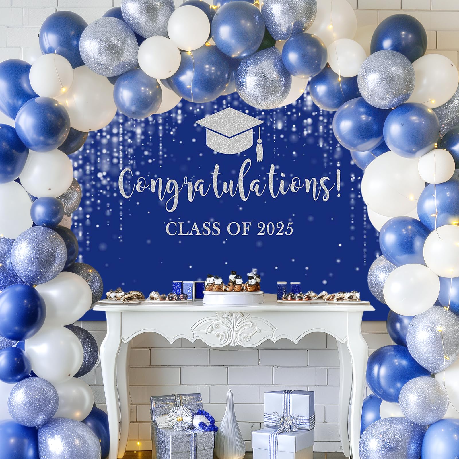 Mocsicka Class of 2025 Backdrop Blue Silver Glitter Bokeh Graduation Party Background 2025 Congrats Grad Prom Party Cake Table Decoration Photo Booth Props (8x6ft)
